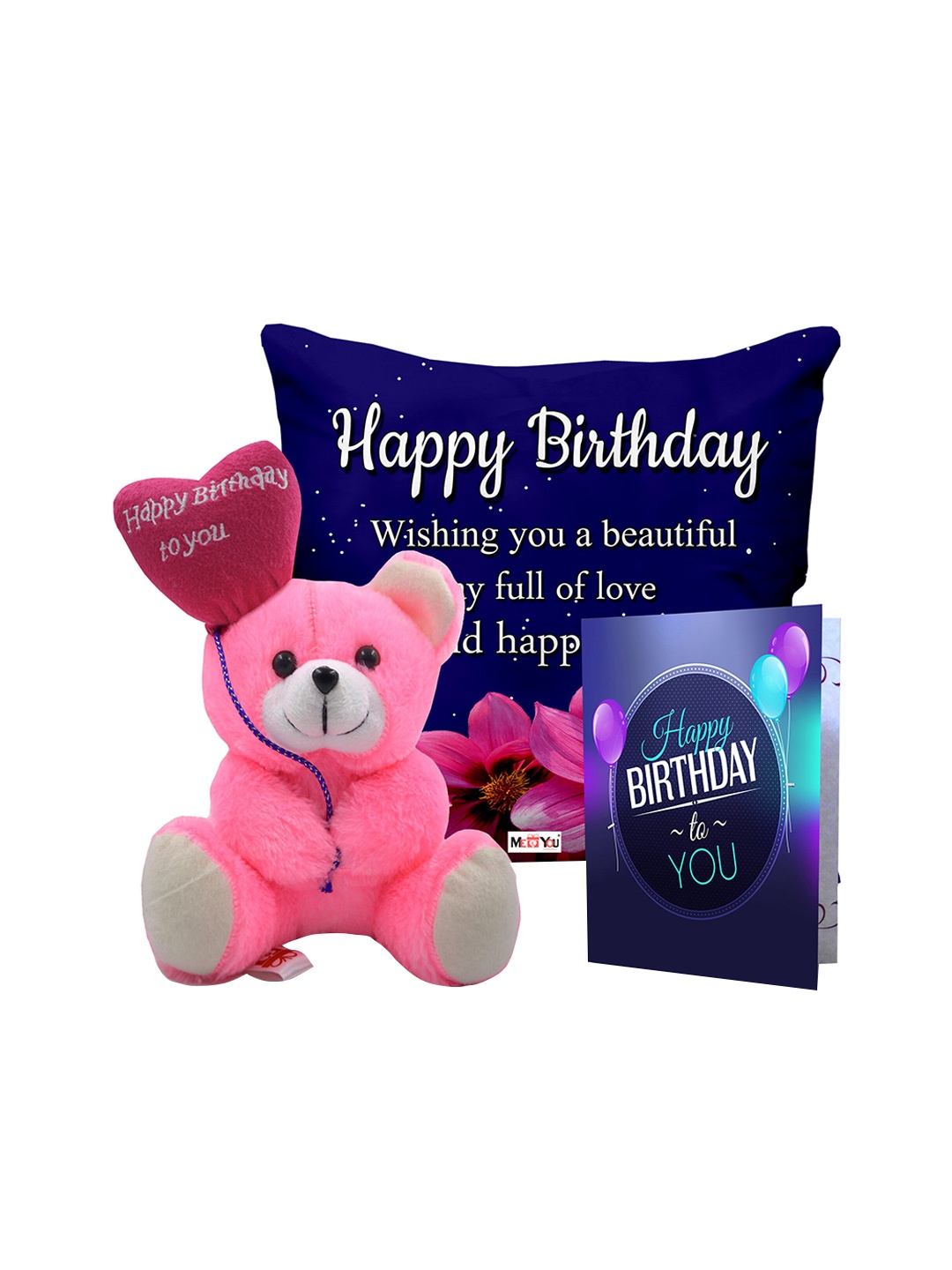 

ME & YOU Pink & Blue 3 Pcs Printed Cushion Teddy & Card Gift Set