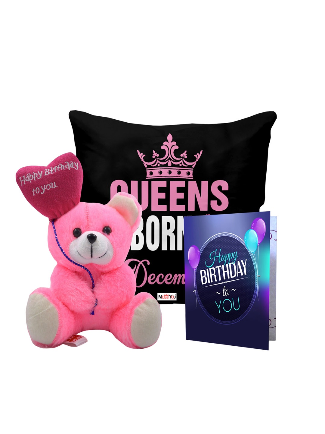 

ME & YOU Black & Pink Printed Cushion with Teddy & Greeting Card Happy Birthday Gift Set