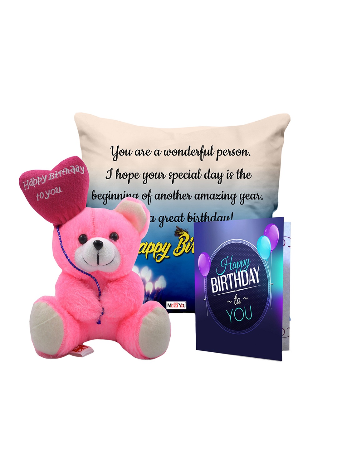 

ME & YOU Pink & Blue 3 Pieces Lightweight Printed Pillow with Card & Happy Birthday Teddy