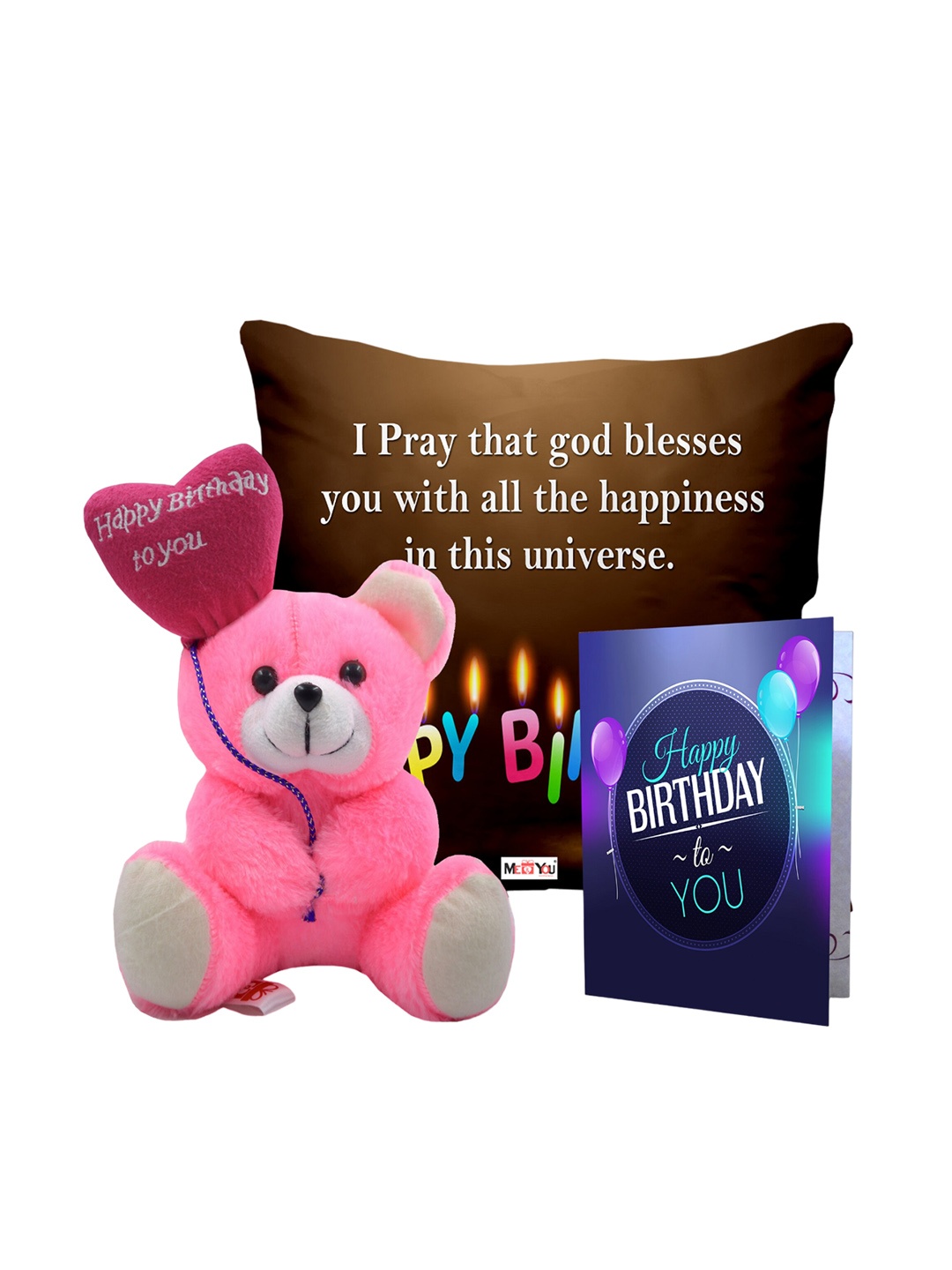 

ME & YOU Brown 3 pcs Lightweight Printed Pillow with Card & Happy Birthday Teddy