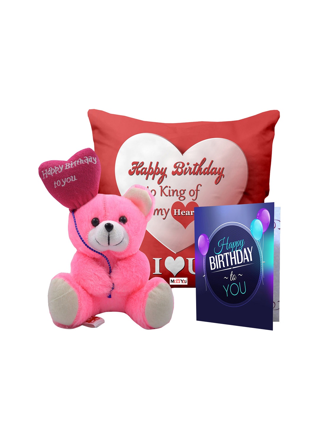 

ME & YOU Red & Pink 3 Pcs Typography Cushion Teddy Bear & Greetings Card Home Gift Set