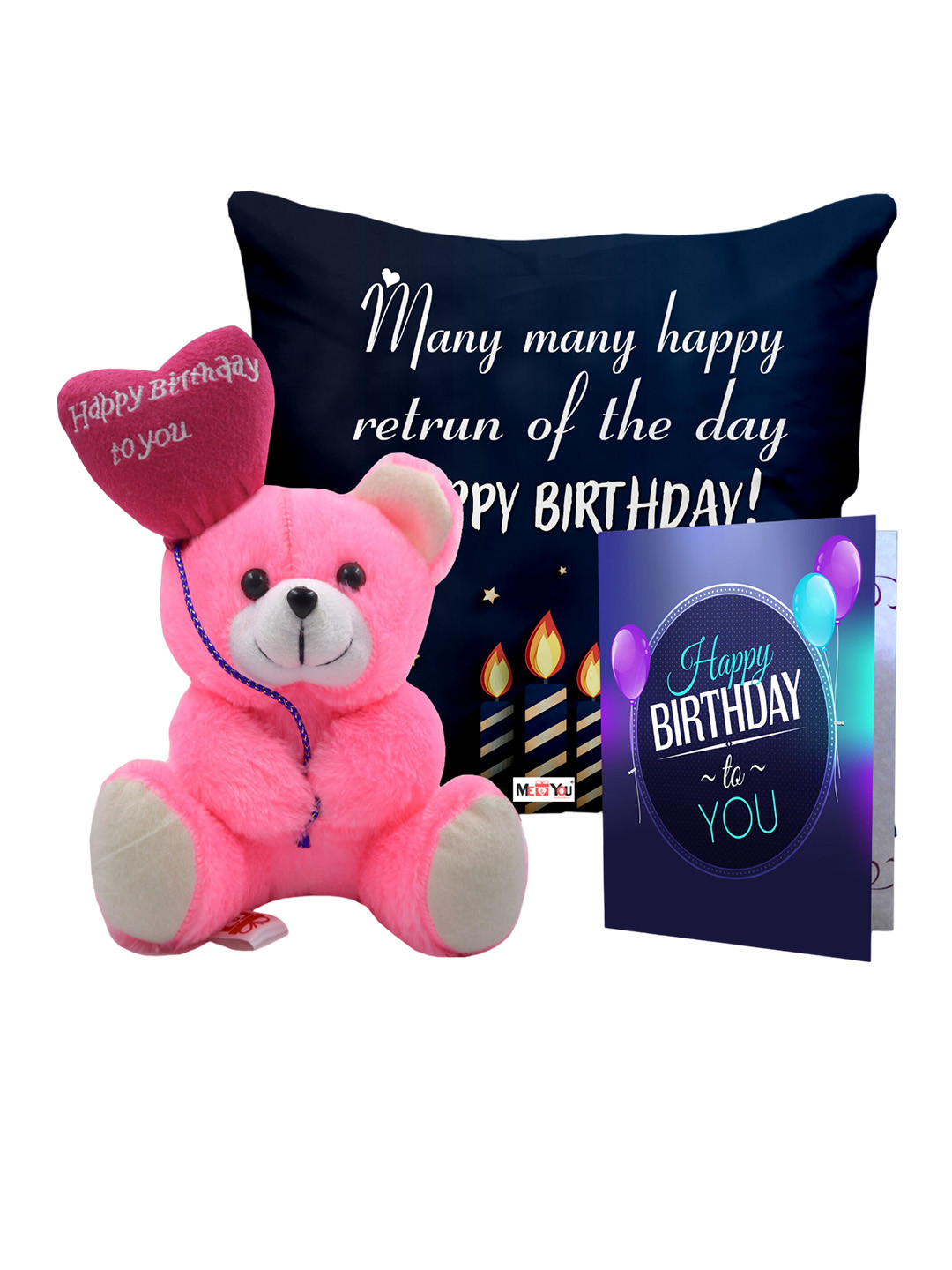 

ME & YOU Black 3Pcs Happy Birthday Print Cushion Teddy Bear & Greetings Card Home Gift Set