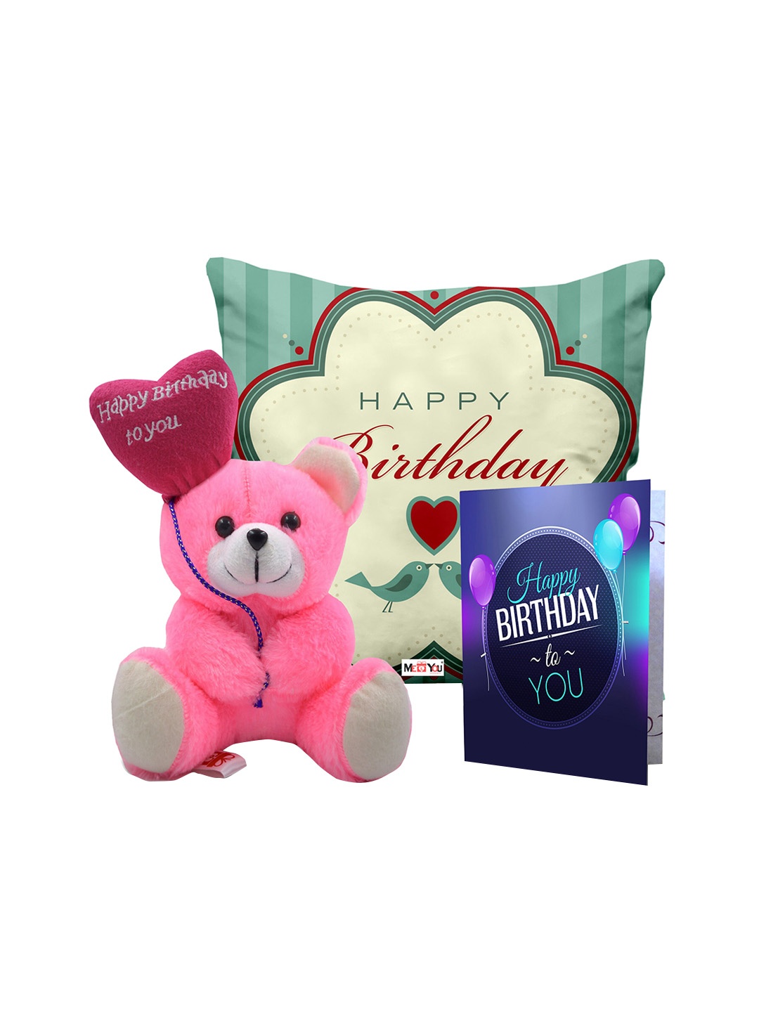 

ME & YOU Green & Pink 3 Pcs Typography Cushion Teddy Bear & Greetings Card Home Gift Set