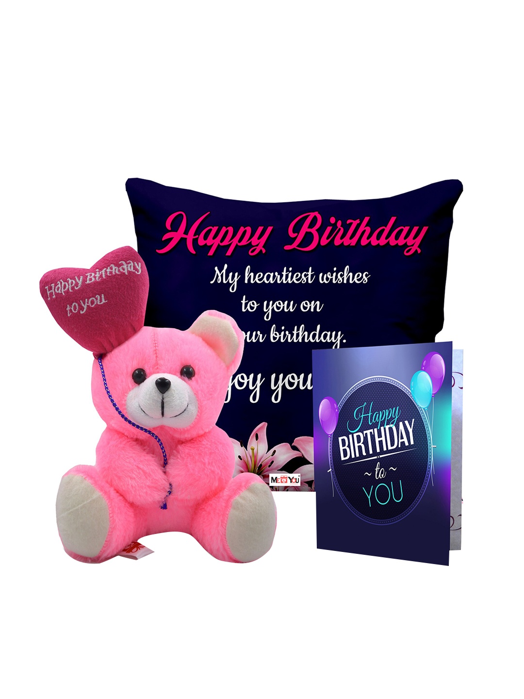 

ME & YOU 3 Pieces Lightweight Printed Pillow with Card & Happy Birthday Teddy, Black