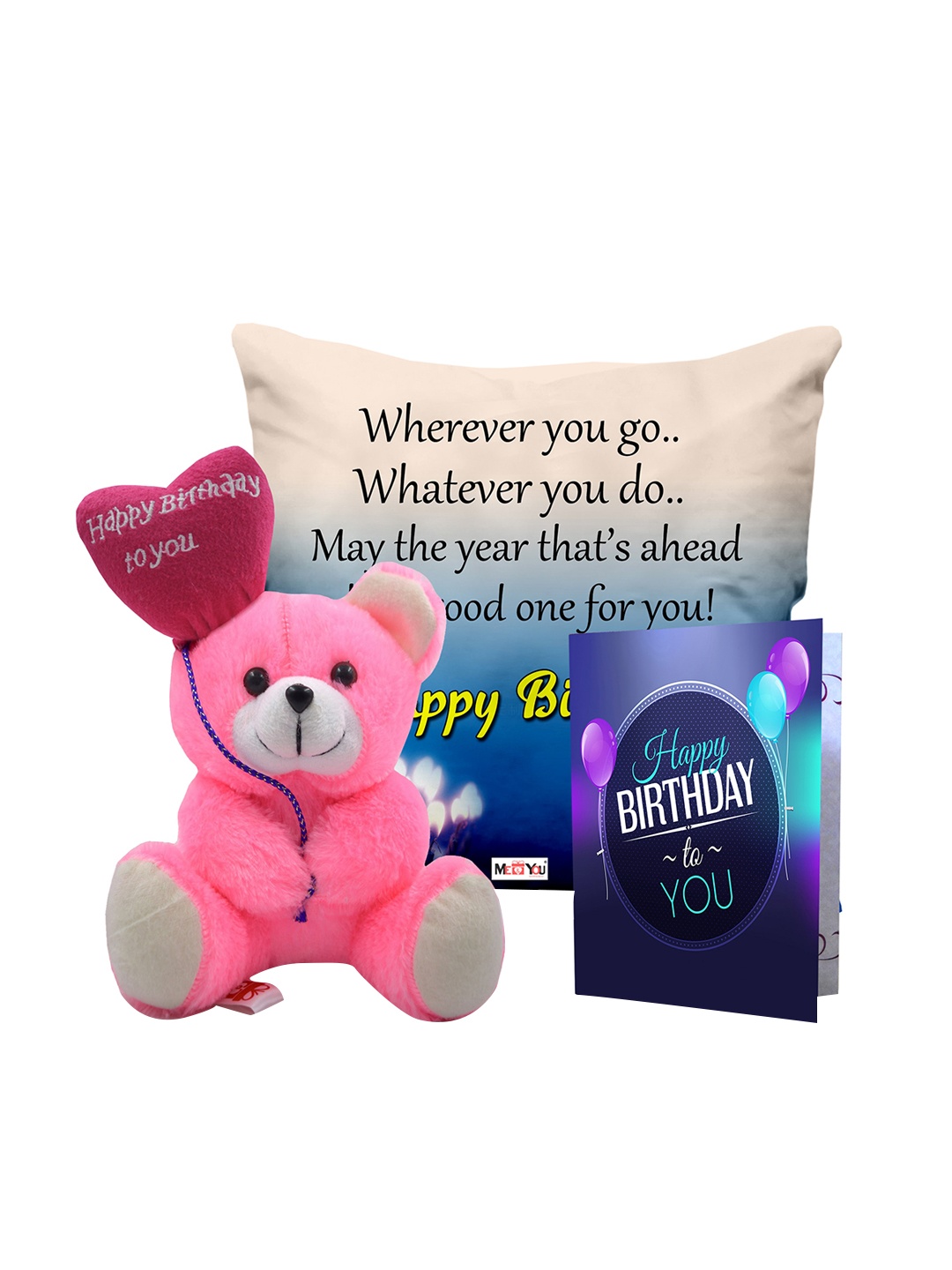 

ME & YOU Blue 3 Pieces Lightweight Printed Pillow with Card & Happy Birthday Teddy, Navy blue