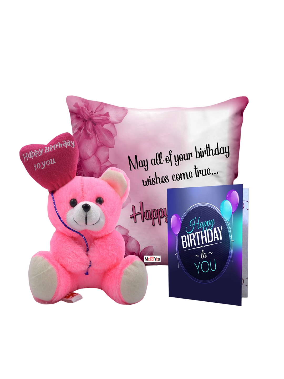 

ME & YOU Pink & Blue 3 Pcs Typography Cushion Teddy Bear & Greetings Card Home Gift Set