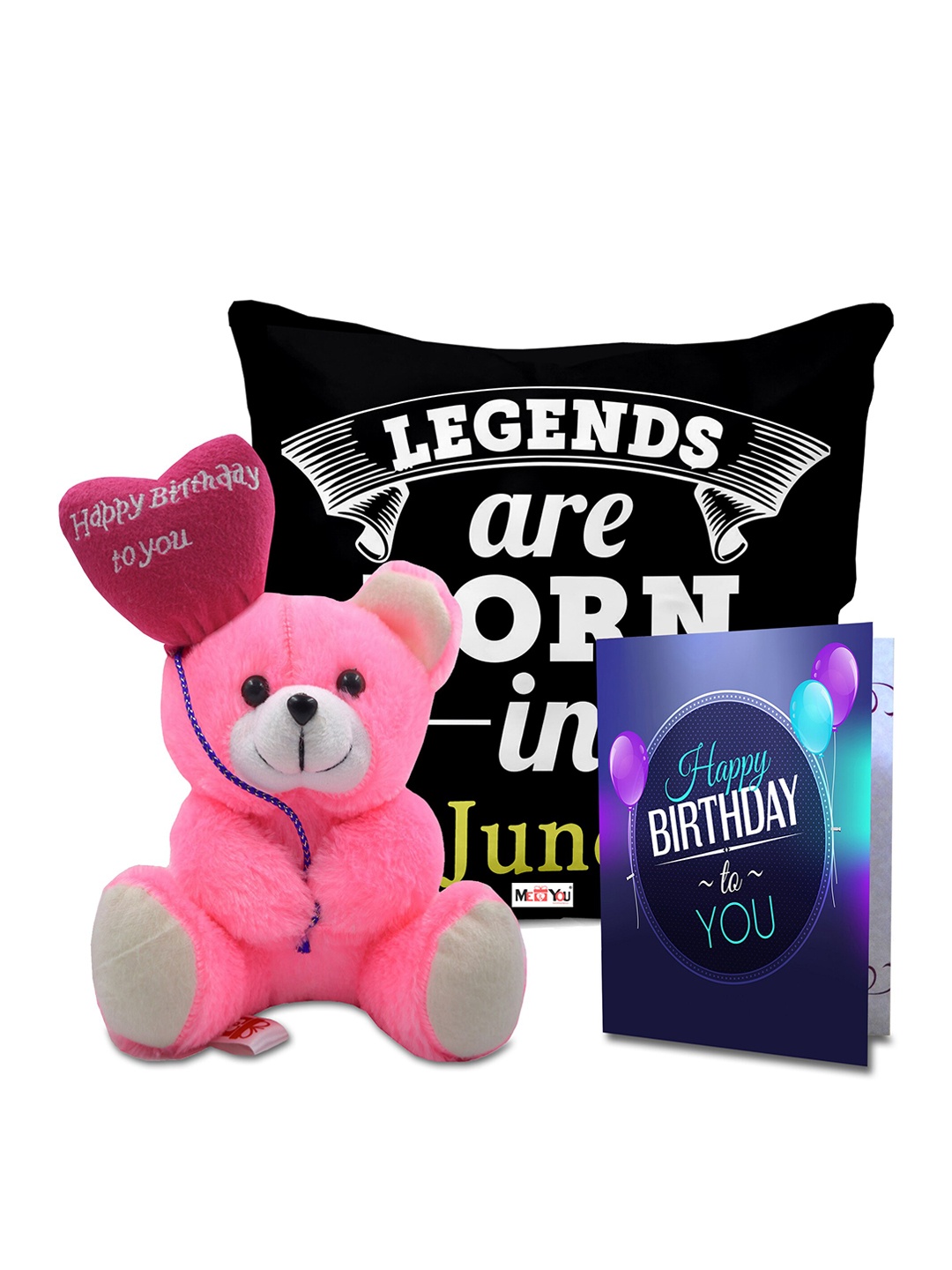 

ME & YOU Black & Pink 3 Pieces Printed Pillow with Card & Teddy Home Gift Set