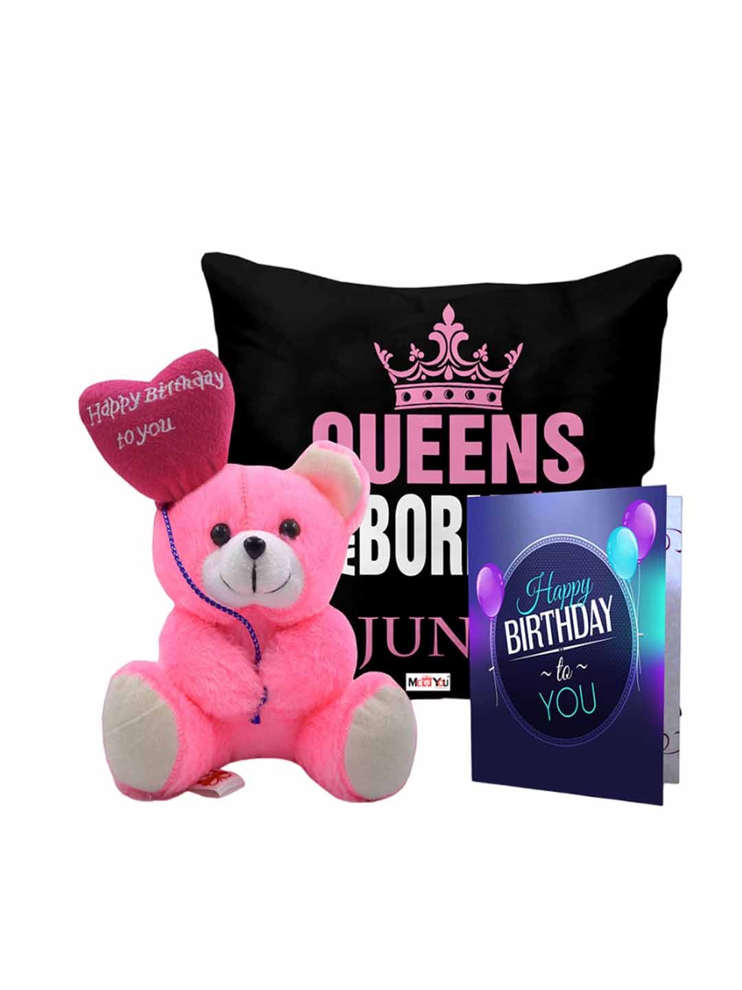 

ME & YOU Pink & Black 3 Pieces Printed Cushion Teddy & Card Gift Set