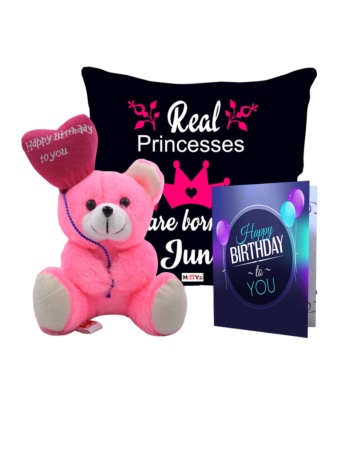 

ME & YOU Black & Pink 3 Pcs Typography Cushion Teddy Bear & Greetings Card Home Gift Set