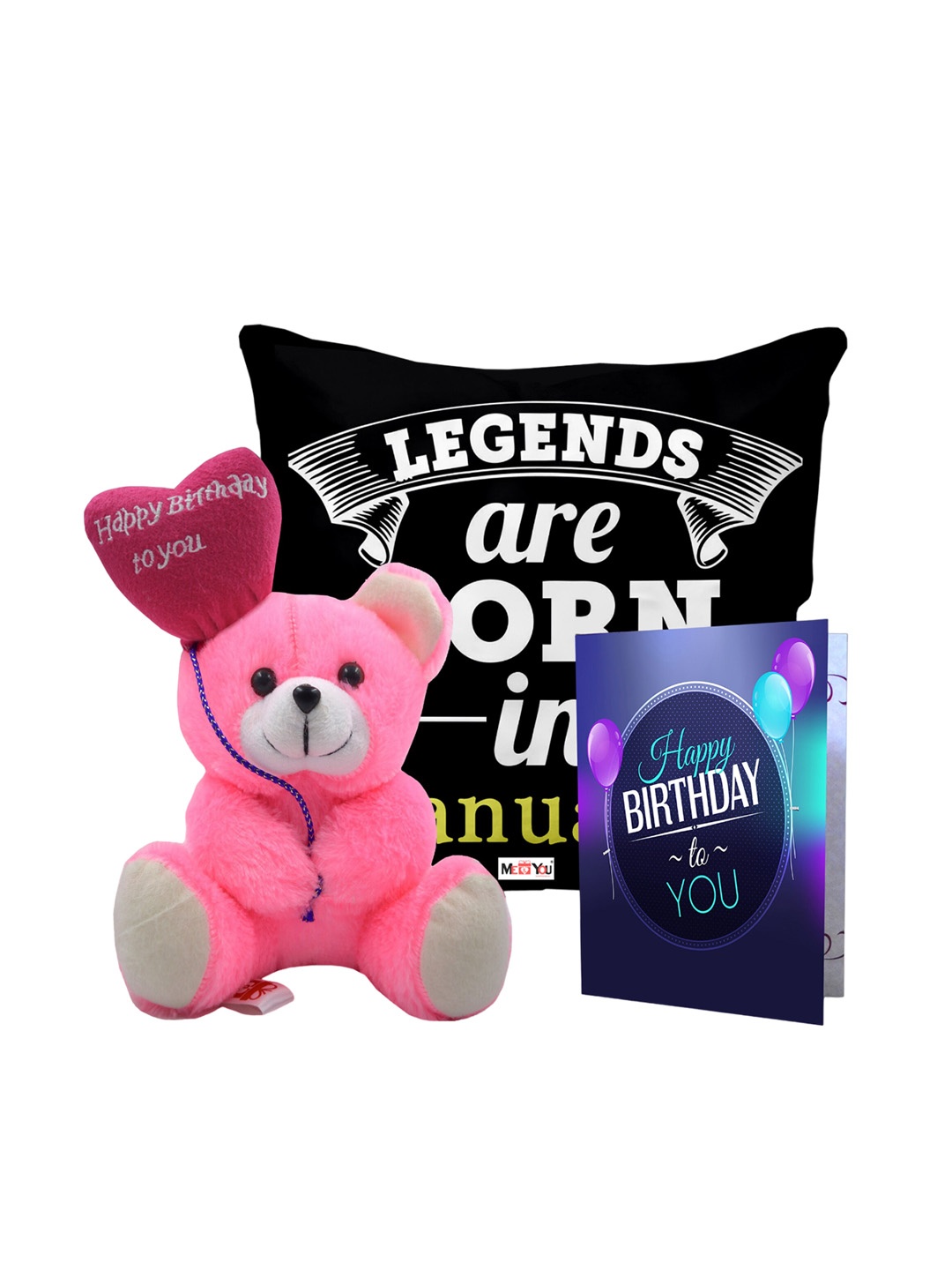 

ME & YOU Pink & Black 3 Pieces Lightweight Printed Pillow with Card & Happy Birthday Teddy