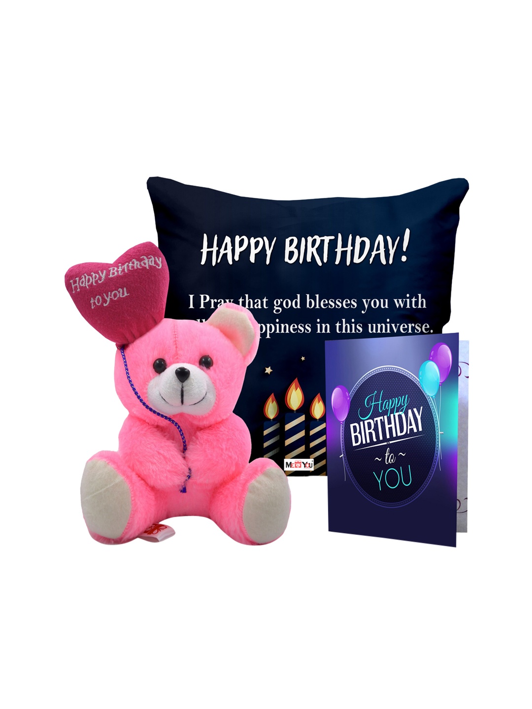

ME & YOU Blue 3 Pieces Lightweight Printed Pillow with Card & Happy Birthday Teddy, Black