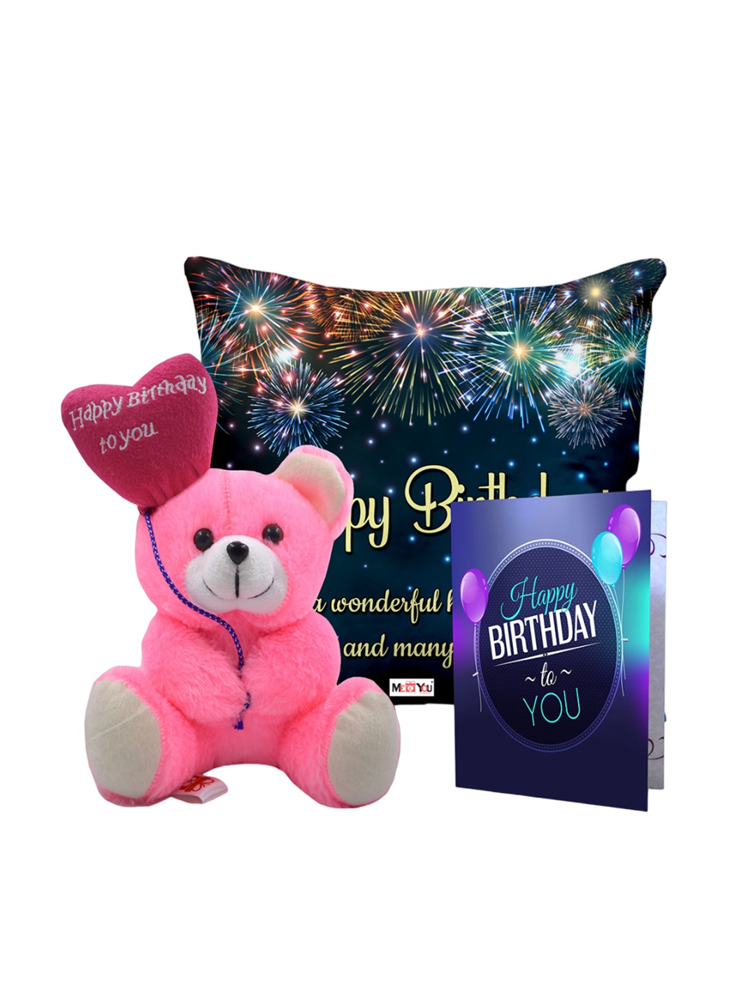 

ME & YOU Blue & Pink 3 Pieces Lightweight Printed Pillow with Card & Happy Birthday Teddy