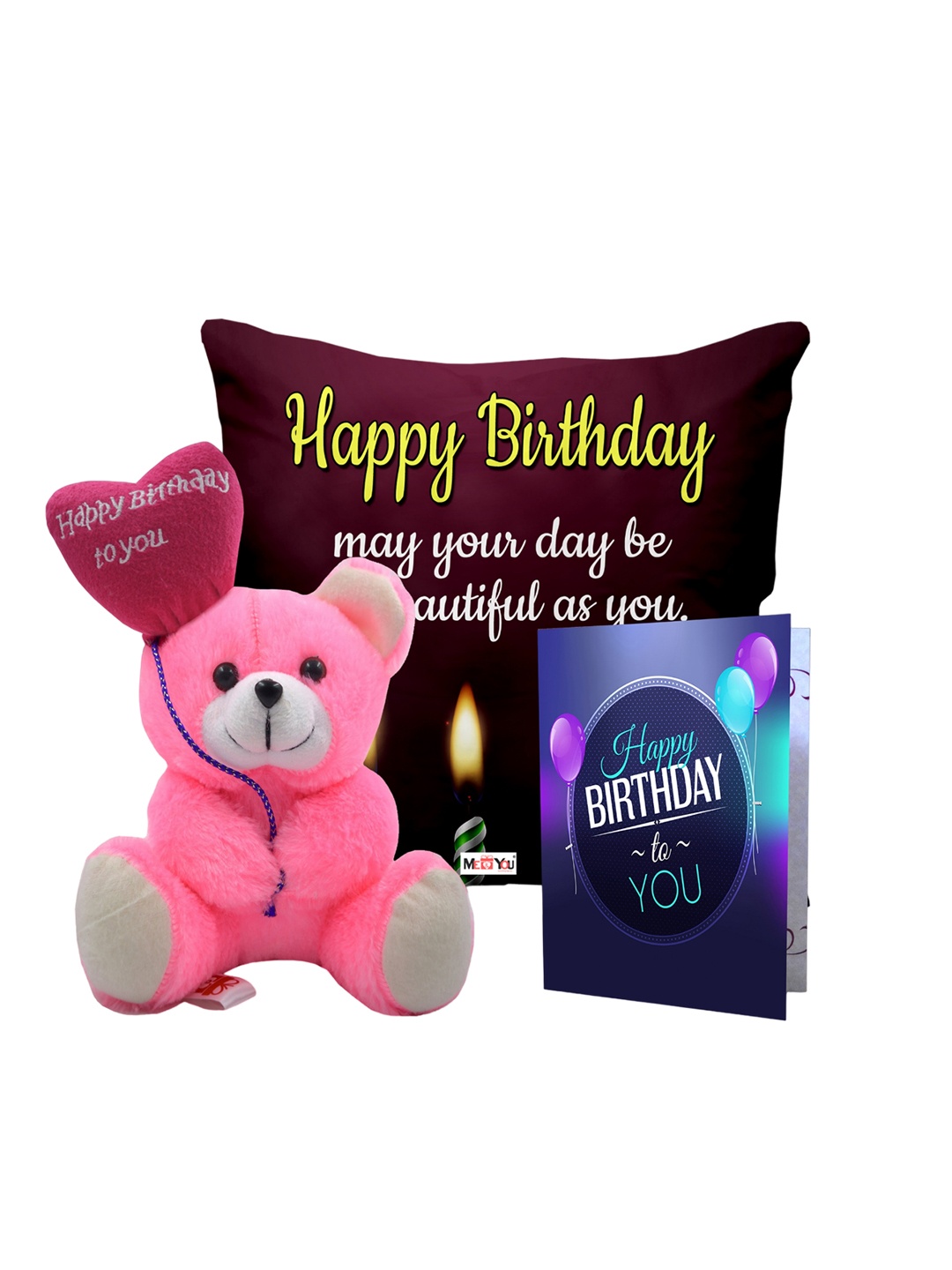 

ME & YOU Maroon & Pink 3 Pieces Printed Cushion With Teddy & Card Home Gift Set