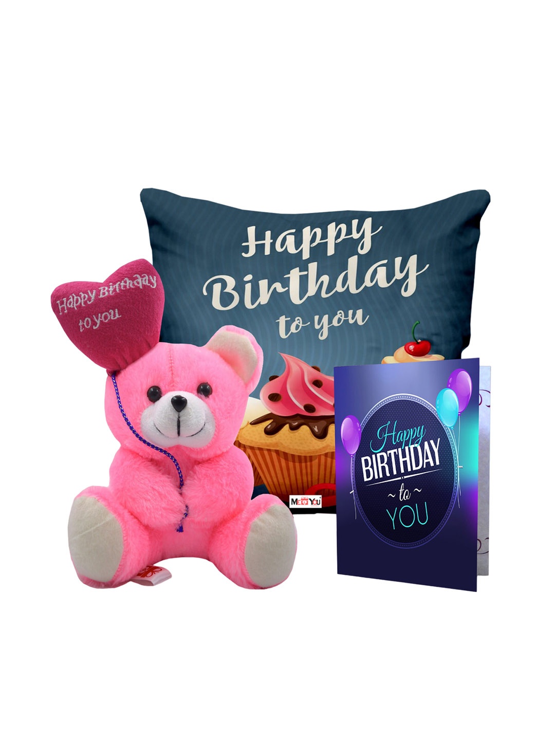 

ME & YOU Blue & Pink 3 Pieces Printed Cushion with Card & Teddy Home Gift Set