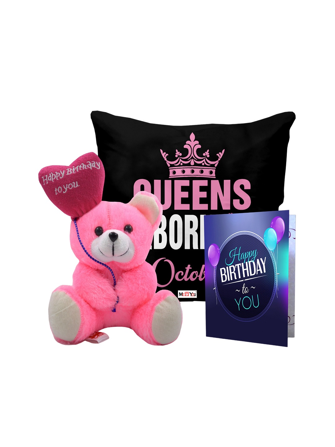 

ME & YOU Pink & Black 3 Pieces Lightweight Printed Pillow with Card & Happy Birthday Teddy