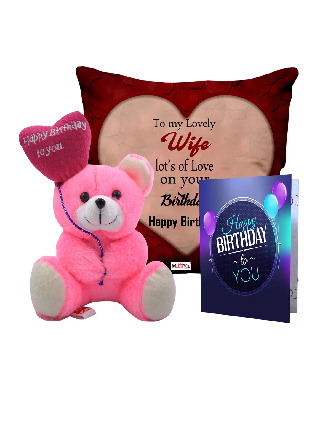 

ME & YOU Red 3 Pieces Printed Cushion with Teddy & Greeting Card Happy Birthday Gift Set, Maroon
