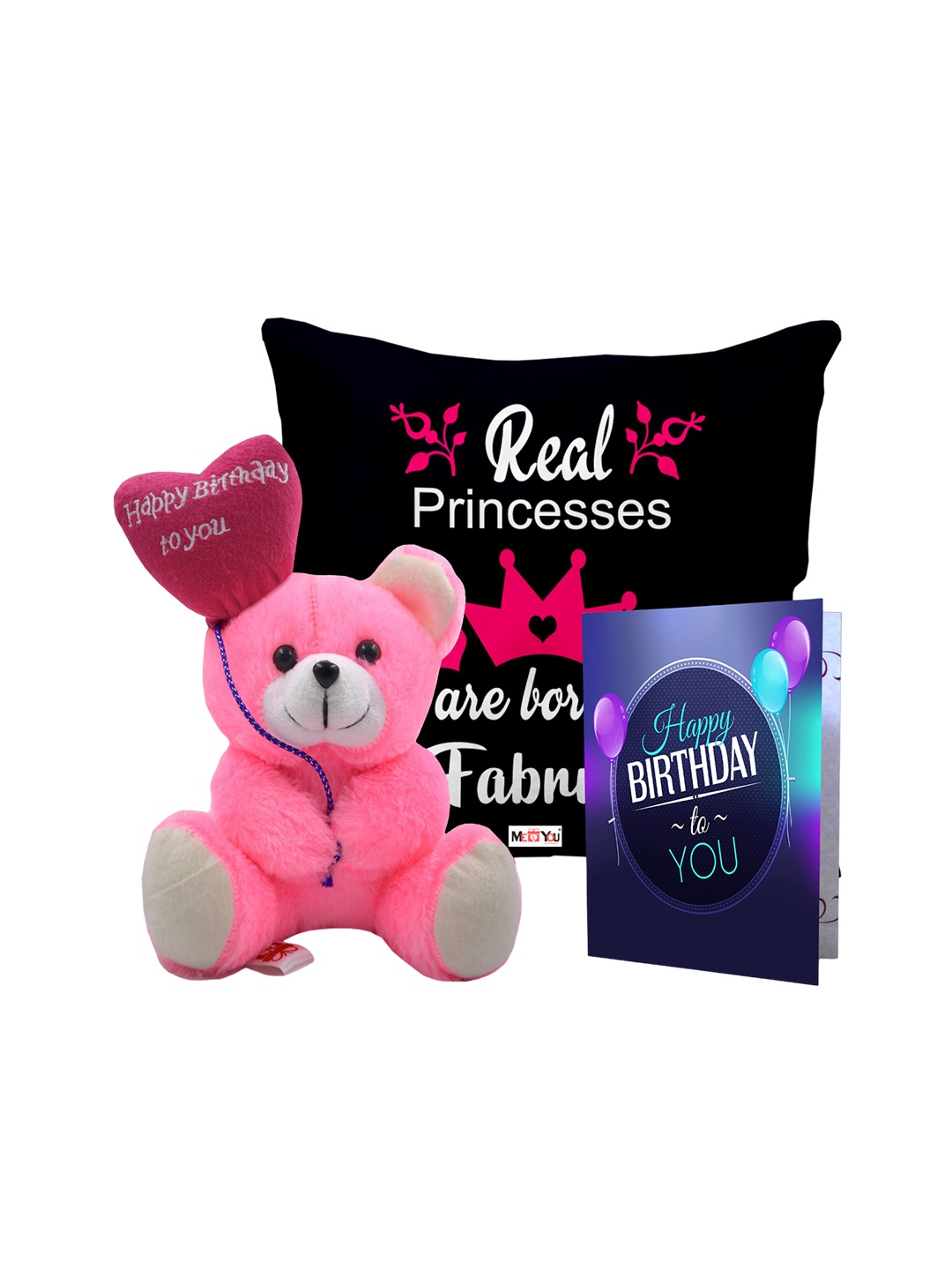 

ME & YOU Black& Pink 3 Pieces Lightweight Printed Pillow with Card & Happy Birthday Teddy