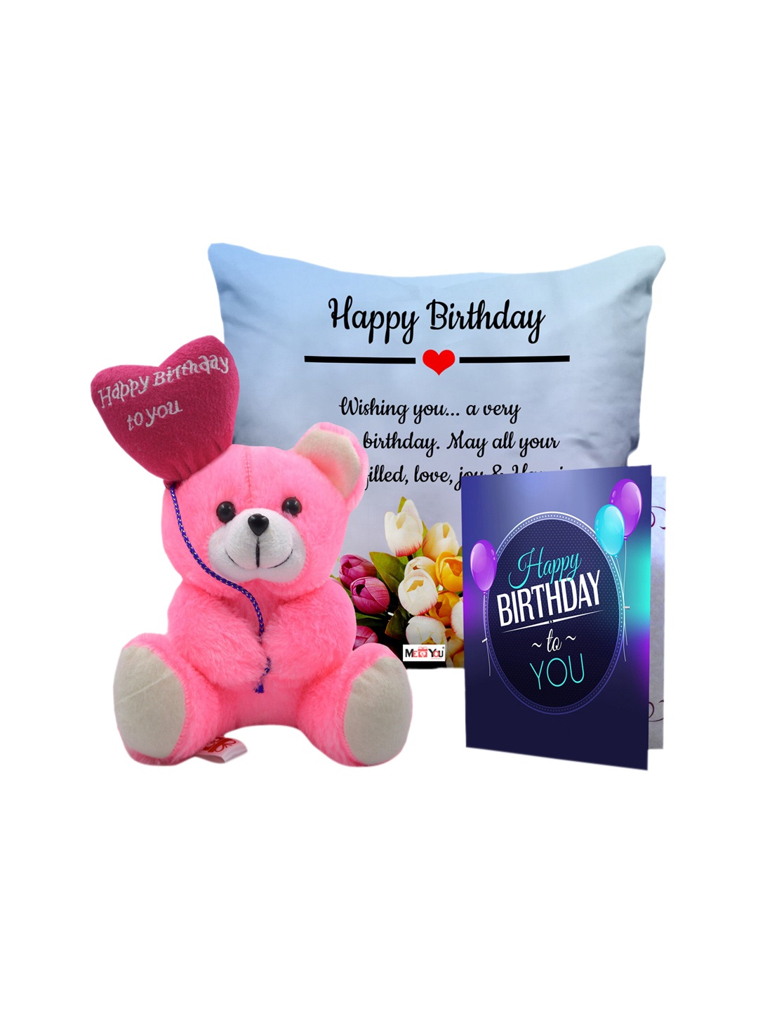 

ME & YOU Printed Cushion with Teddy & Greeting Card Happy Birthday Gift Set, Blue