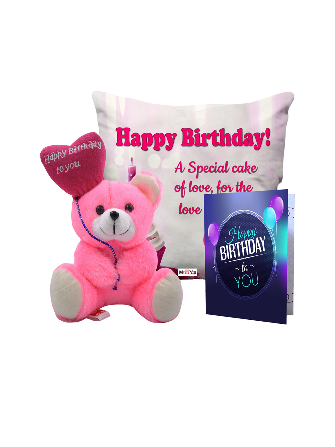 

ME & YOU Pink & Blue 3 Pieces Lightweight Printed Pillow with Card & Happy Birthday Teddy