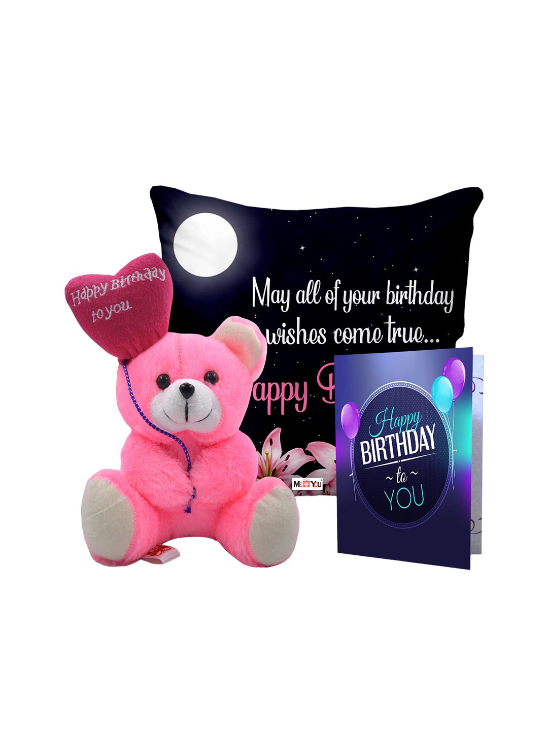 

ME & YOU Pink & Blue 3 Pieces Lightweight Printed Pillow with Card & Happy Birthday Teddy