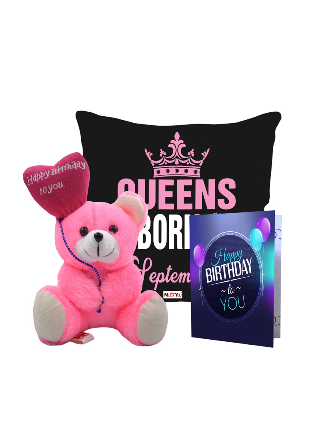 

ME & YOU Black & Pink 3 Pieces Printed Pillow with Card & Teddy Home Gift Set