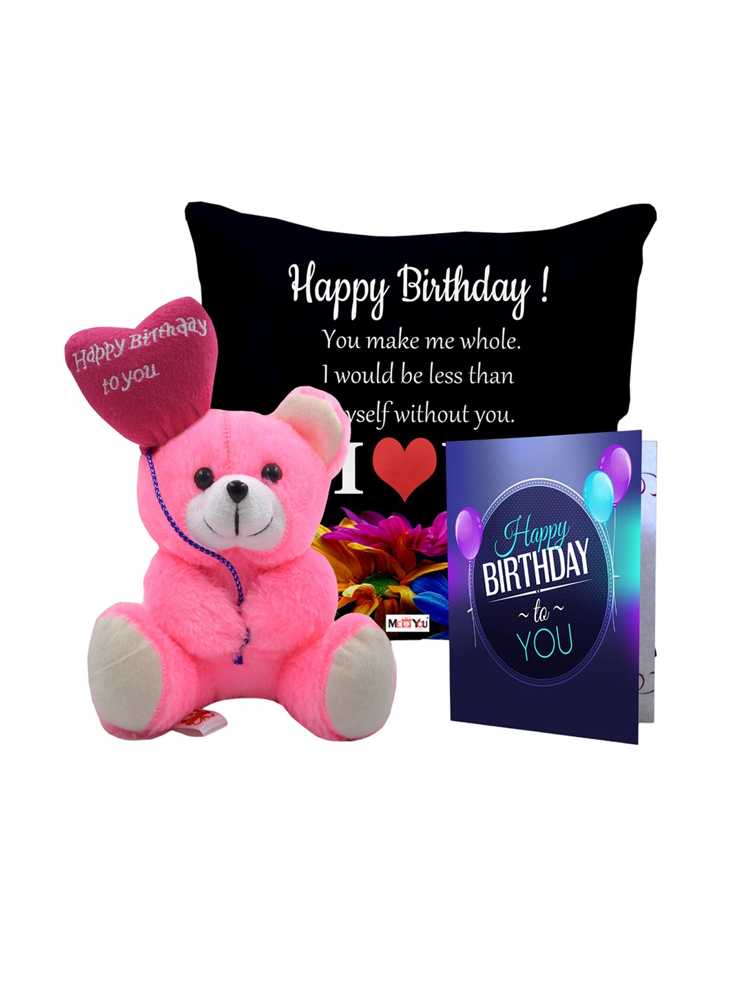 

ME & YOU Black & Pink 3 Pcs Typography Cushion Teddy Bear & Greetings Card Home Gift Set