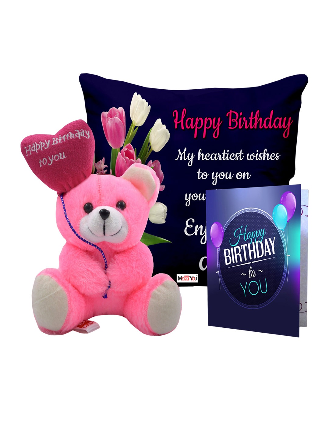 

ME & YOU Black 3pcs Printed Cushion with Teddy & Greeting Card Happy Birthday Gift Set