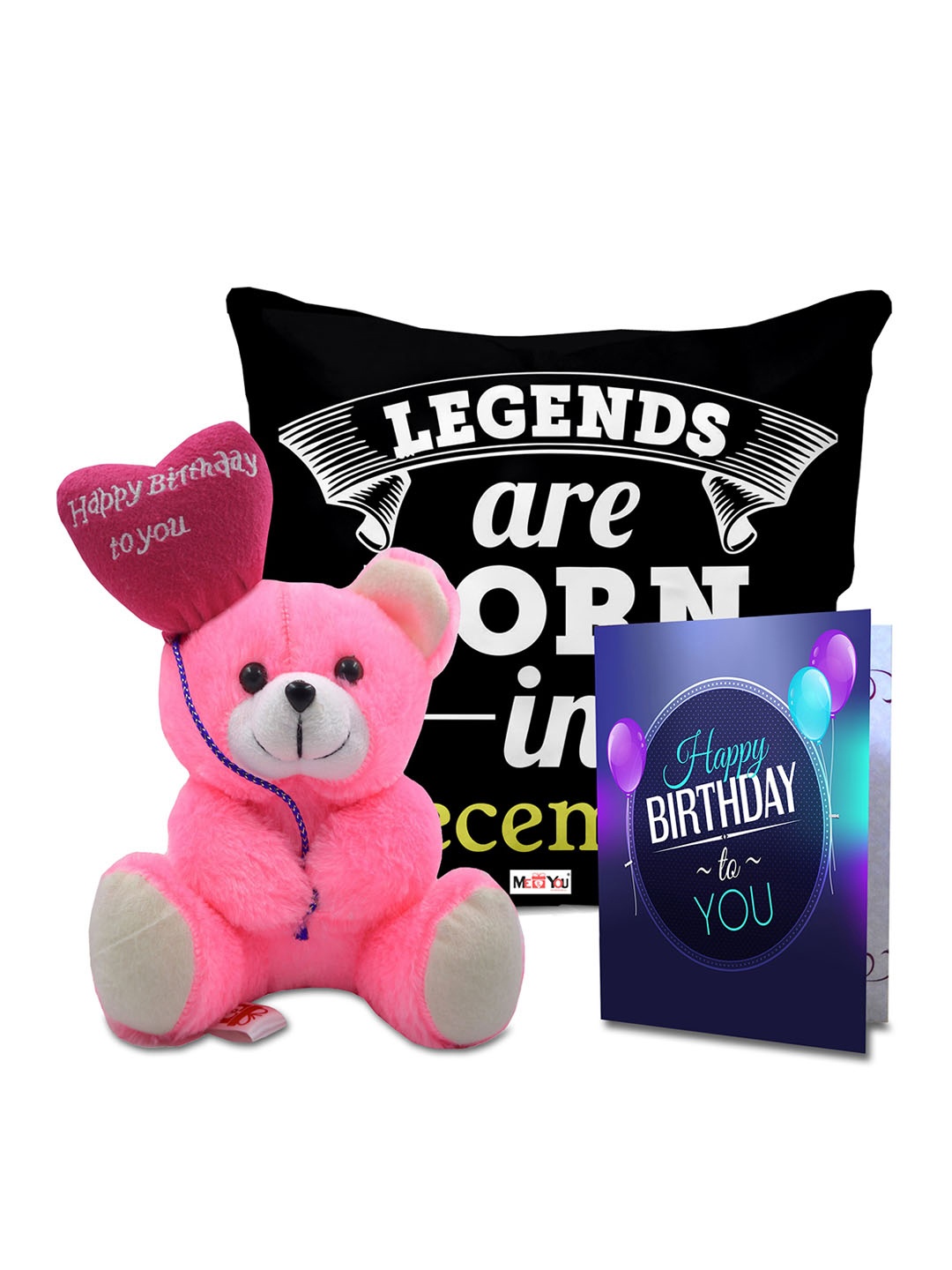 

ME & YOU Black & Pink 3 Pieces Printed Cushion Teddy Bear & Card Home Gift Set, Multi