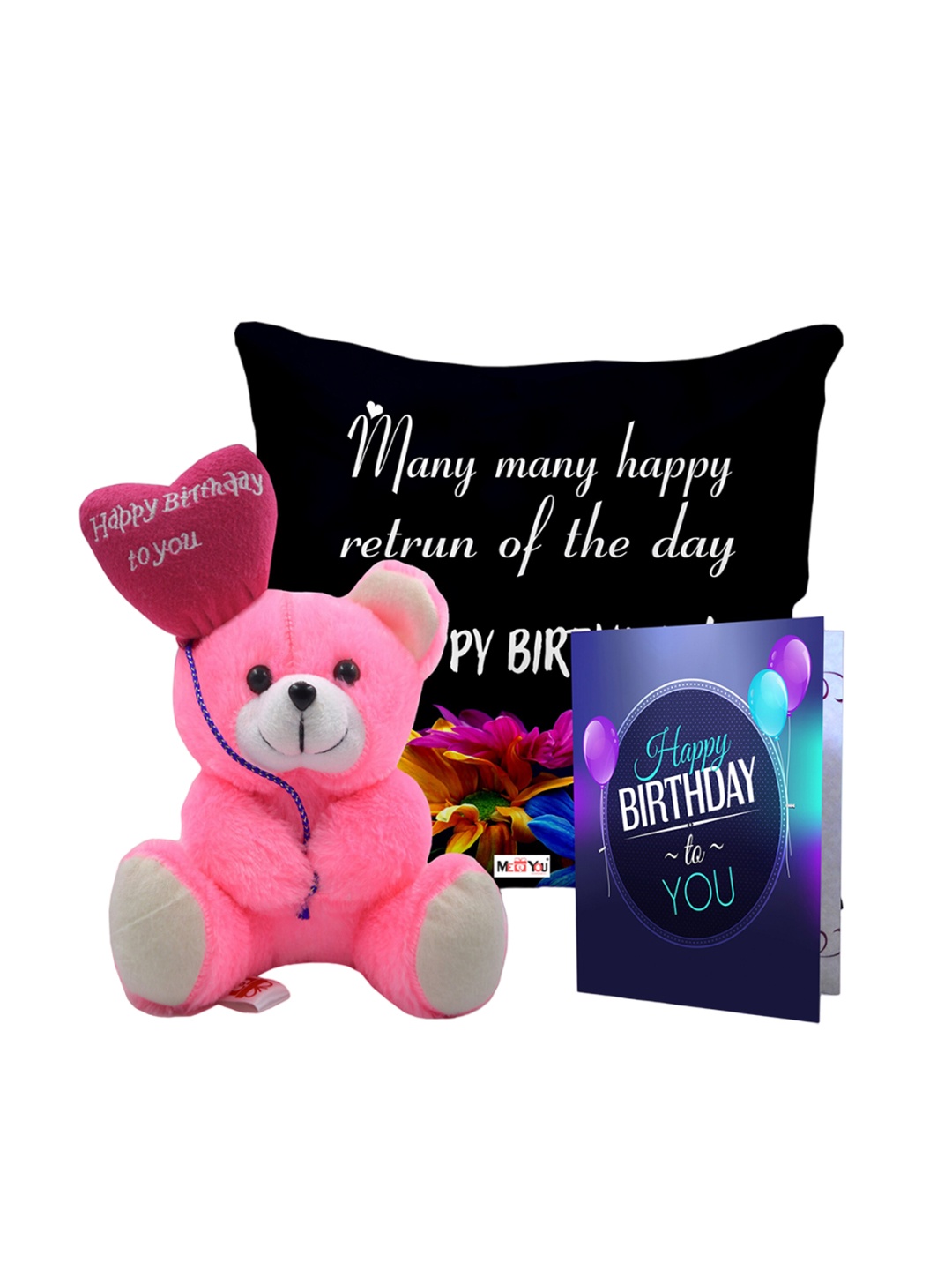 

ME & YOU Black & Pink 3 Pcs Typography Cushion Teddy Bear & Greetings Card Home Gift Set