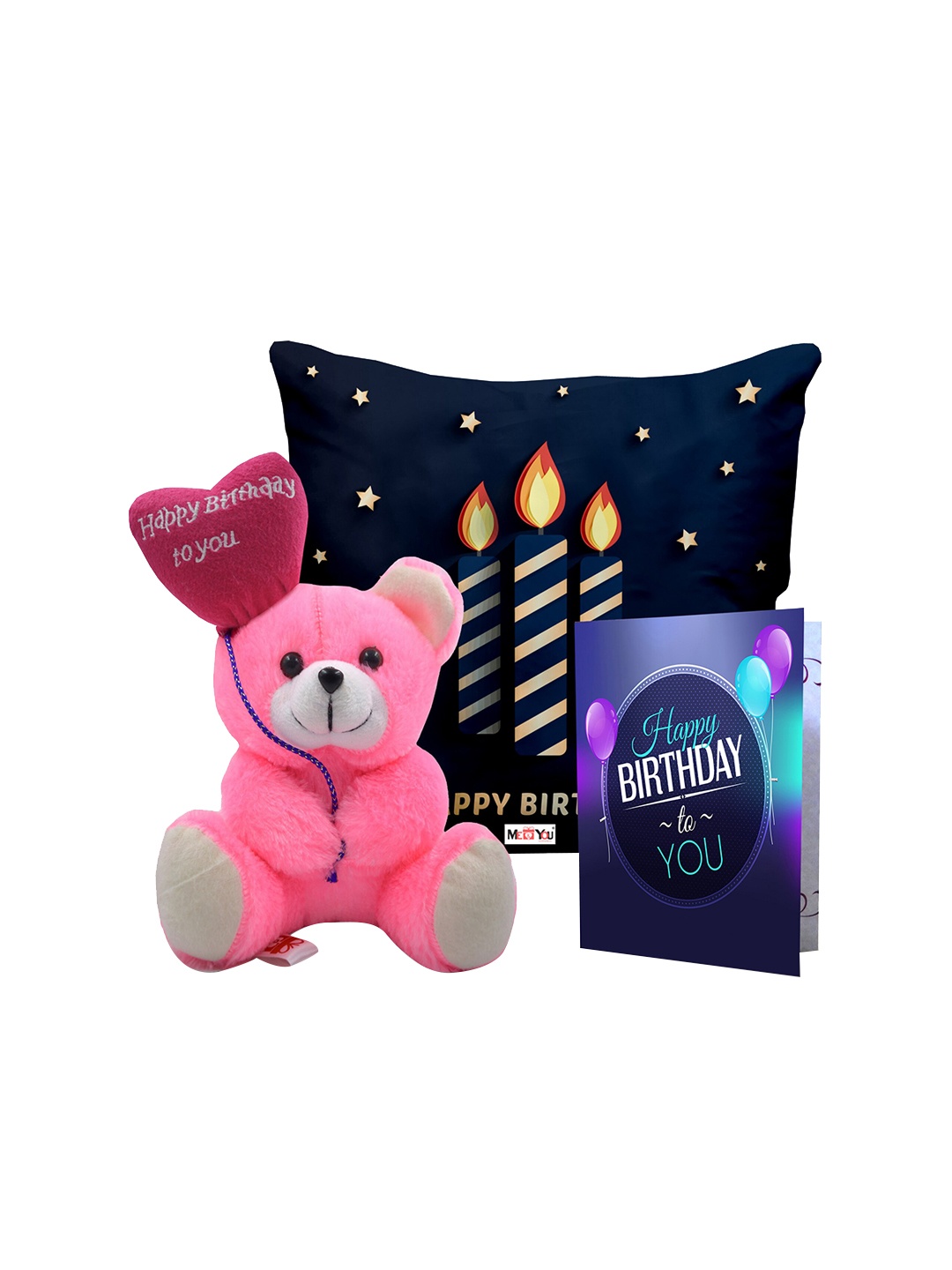 

ME & YOU Navy Blue 3 Pieces Lightweight Printed Pillow with Card & Happy Birthday Teddy