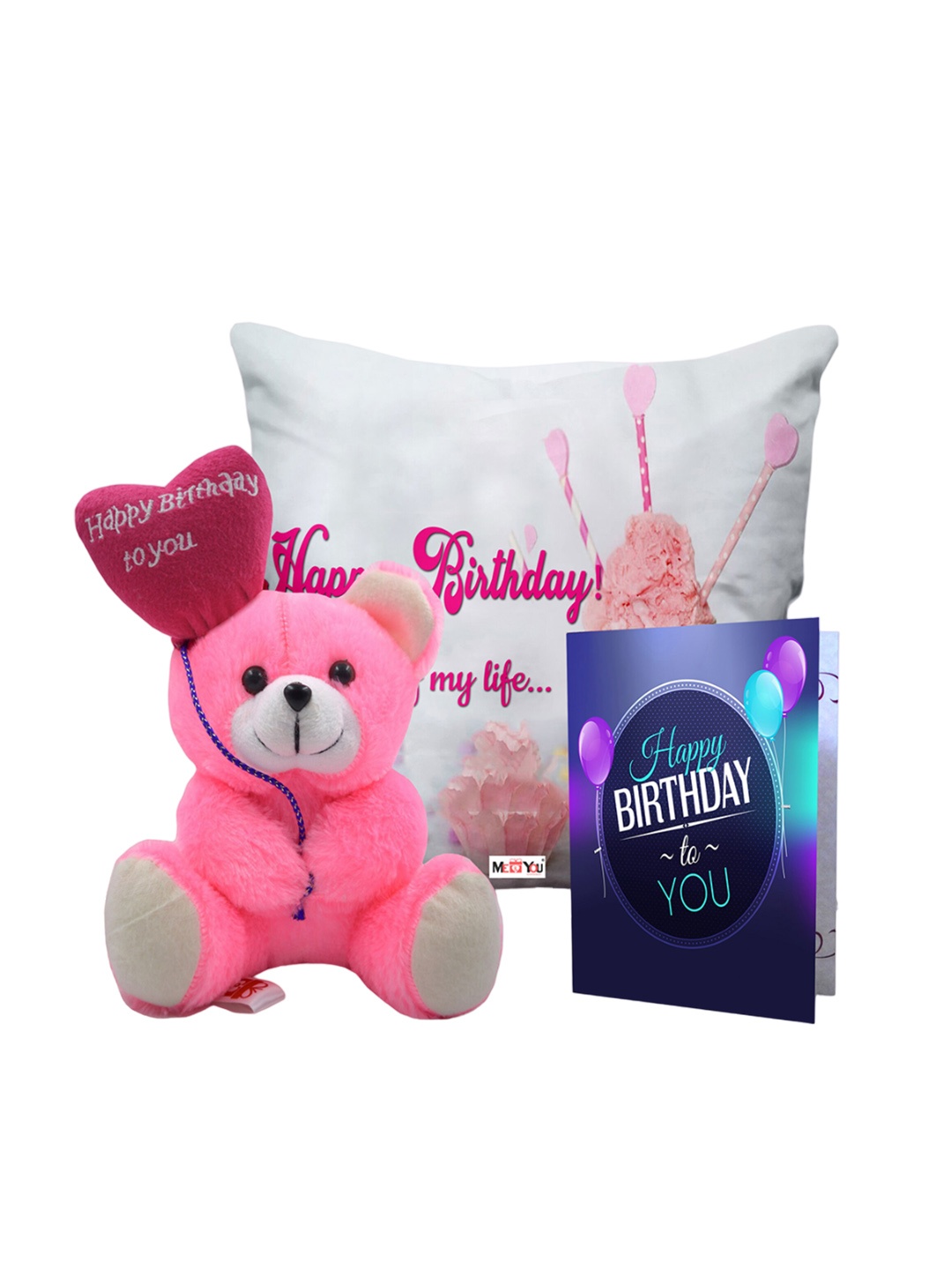 

ME & YOU White & Pink 3 Pieces Printed Cushion with Card & Teddy Home Gift Set