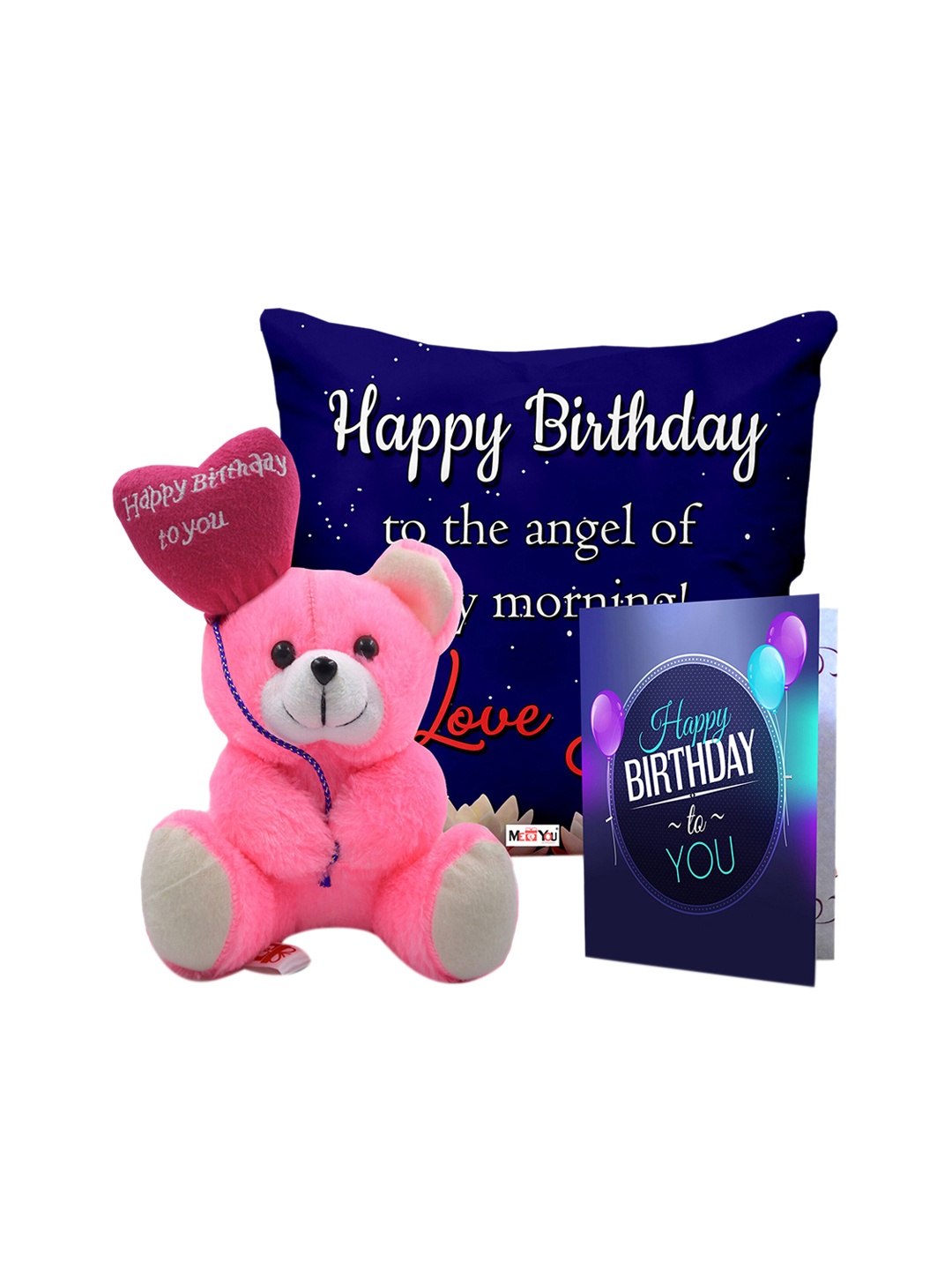 

ME & YOU 3 Pcs Printed Cushion with Teddy & Greeting Card Happy Birthday Gift Set 325 ml, Blue