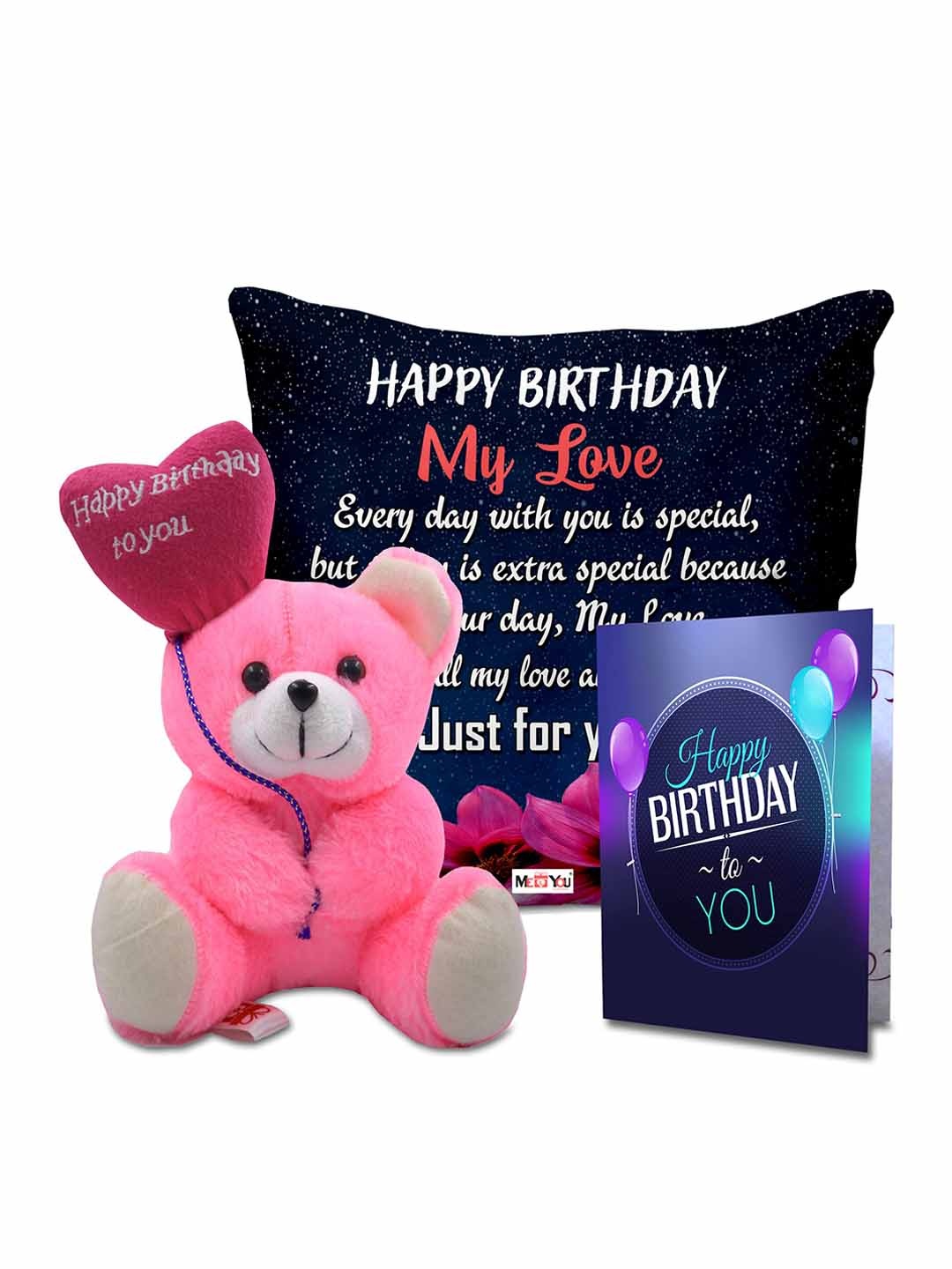 

ME & YOU Happy Birthday Print Cushion Teddy Bear & Greetings Card Home Gift Set, Black