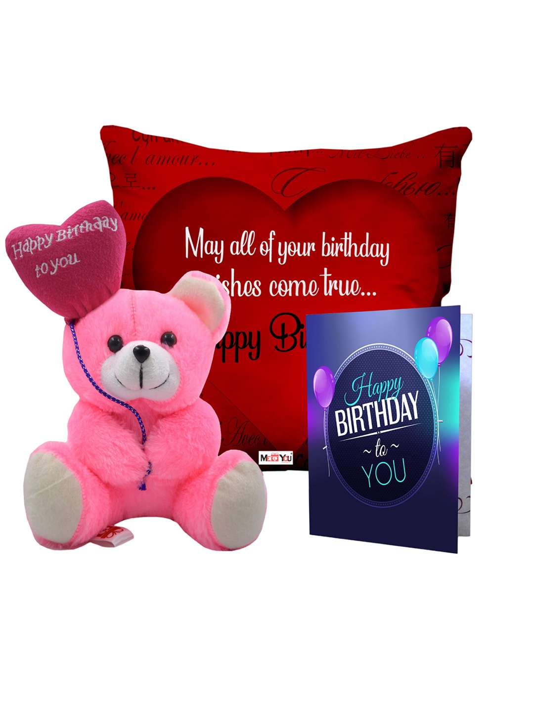 

ME & YOU Red & Pink 3 Pcs Typography Cushion Teddy Bear & Greetings Card Home Gift Set