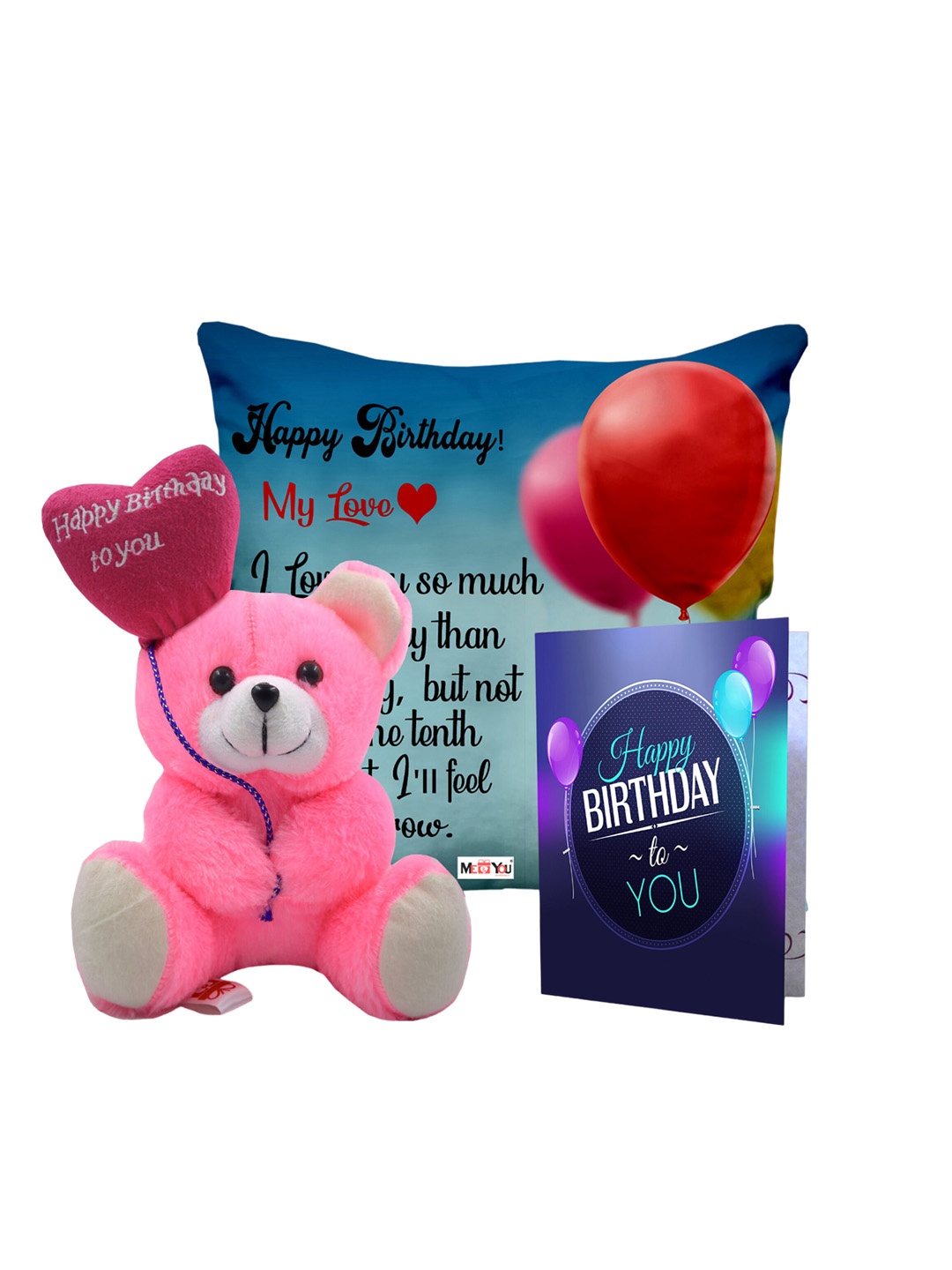 

ME & YOU Blue 3 pcs Lightweight Printed Pillow with Card & Happy Birthday Teddy