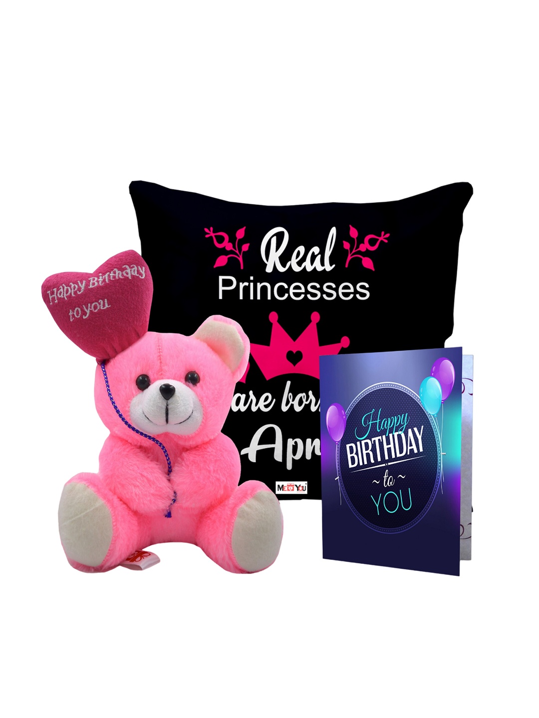 

ME & YOU Black & Pink 3 Pcs Typography Cushion Teddy Bear & Greetings Card Home Gift Set