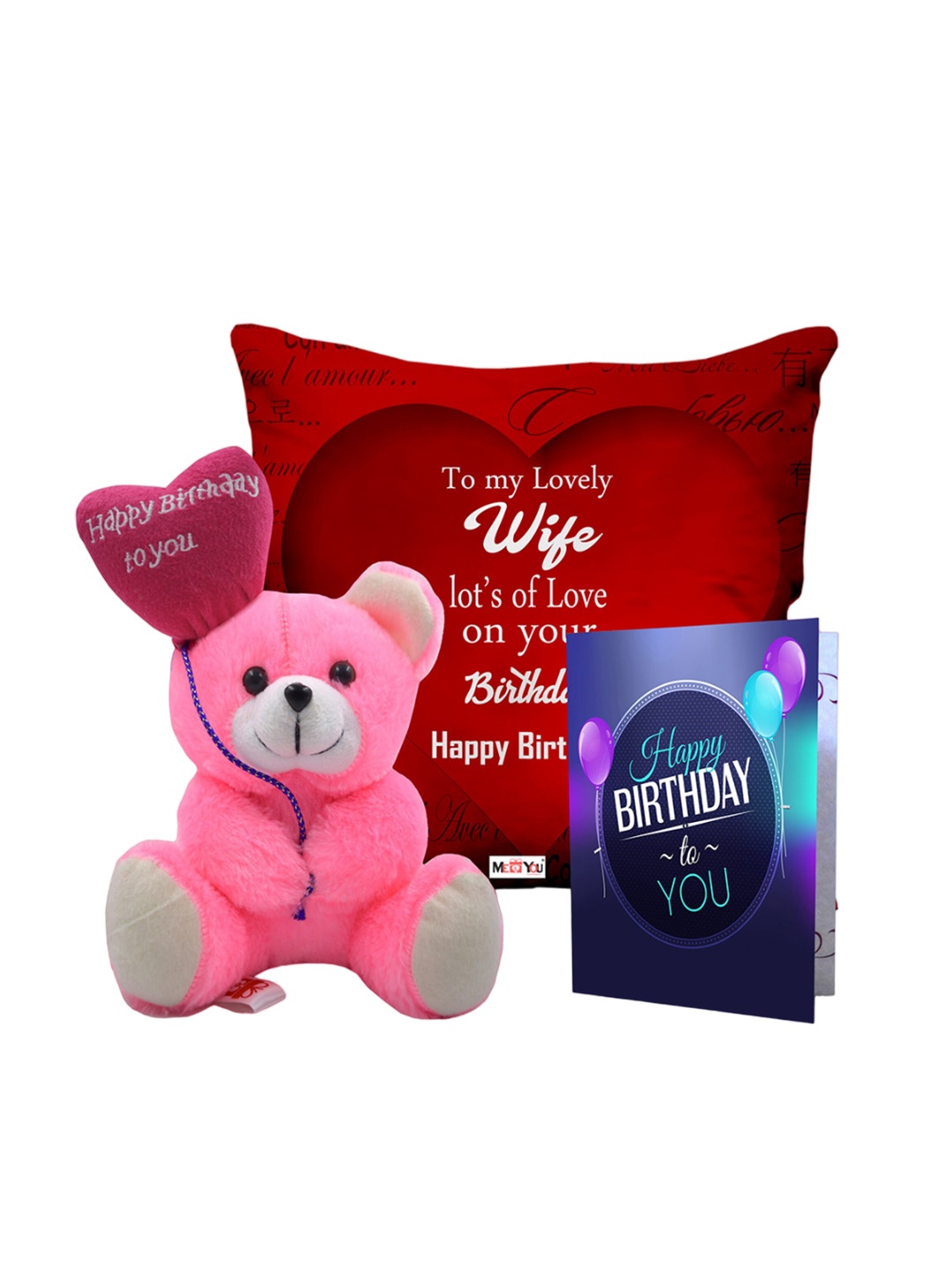 

ME & YOU Happy Birthday Print Cushion Teddy Bear & Greetings Card Home Gift Set, Red