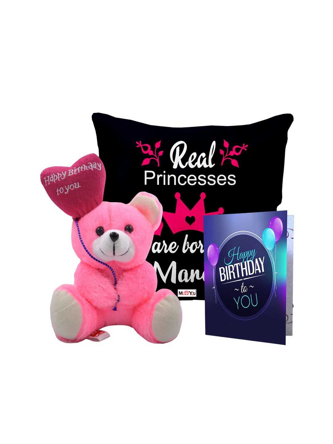 

ME & YOU Black & Pink 3 Pcs Typography Cushion Teddy Bear & Greetings Card Home Gift Set