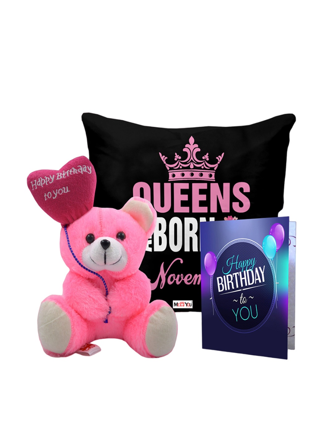 

ME & YOU Black & Pink 3 Pcs Typography Cushion Teddy Bear & Greetings Card Home Gift Set