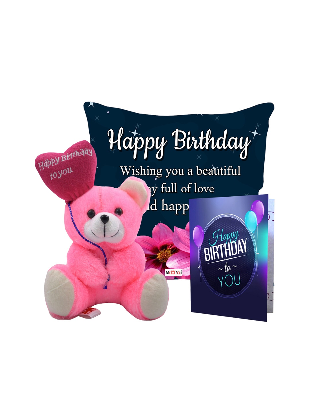 

ME & YOU Black & Pink 3 Pcs Typography Cushion Teddy Bear & Greetings Card Home Gift Set