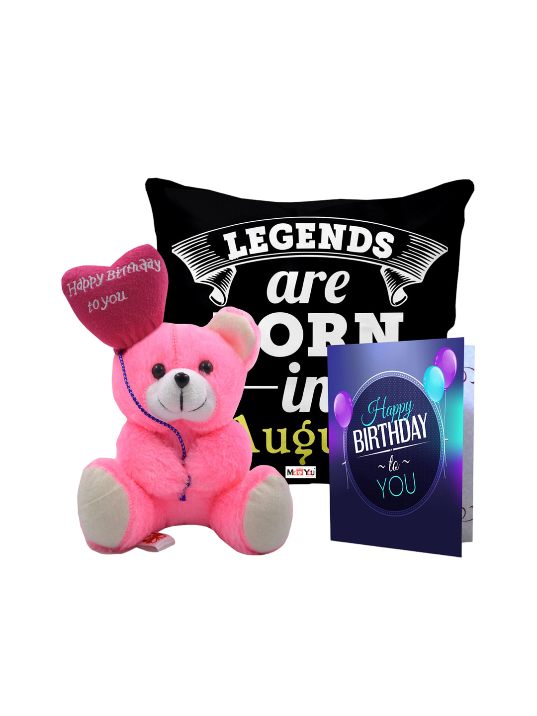 

ME & YOU Black & Blue Printed Cushion with Teddy & Greeting Card Happy Birthday Gift Set