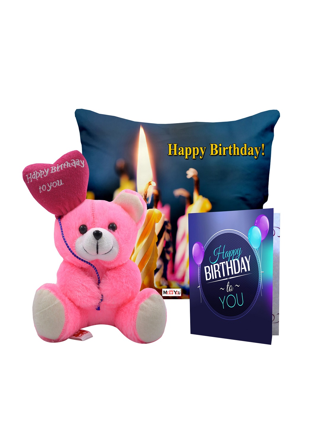 

ME & YOU Blue & Pink 3 Pcs Typography Cushion Teddy Bear & Greetings Card Home Gift Set