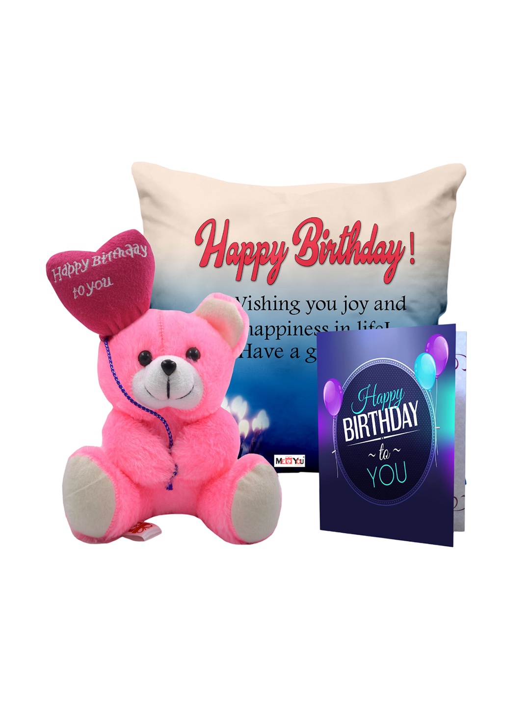 

ME & YOU Blue & Pink 3 Pcs Typography Cushion Teddy Bear & Greetings Card Home Gift Set