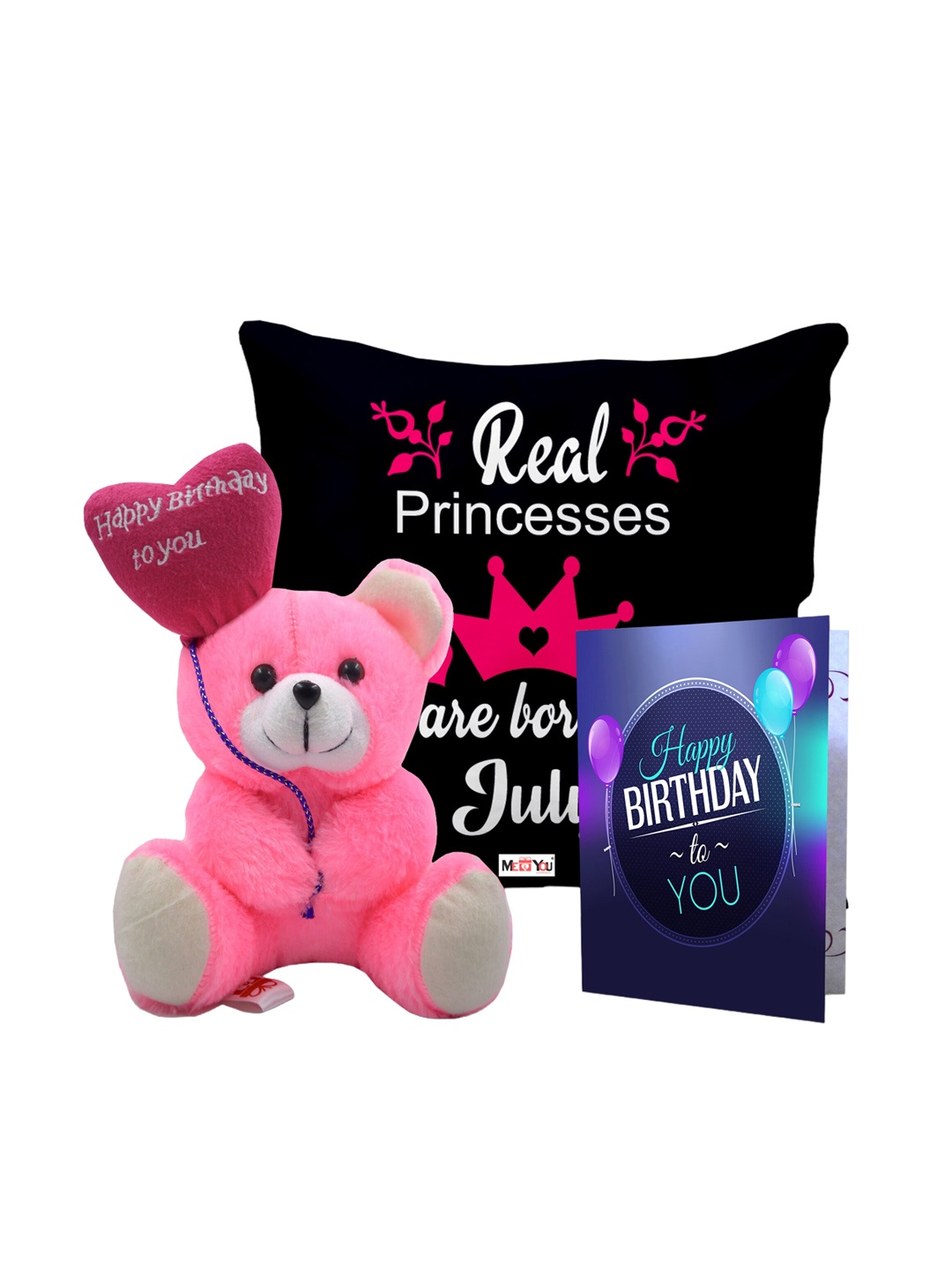 

ME & YOU Black & Pink 3 Pcs Typography Cushion Teddy Bear & Greetings Card Home Gift Set