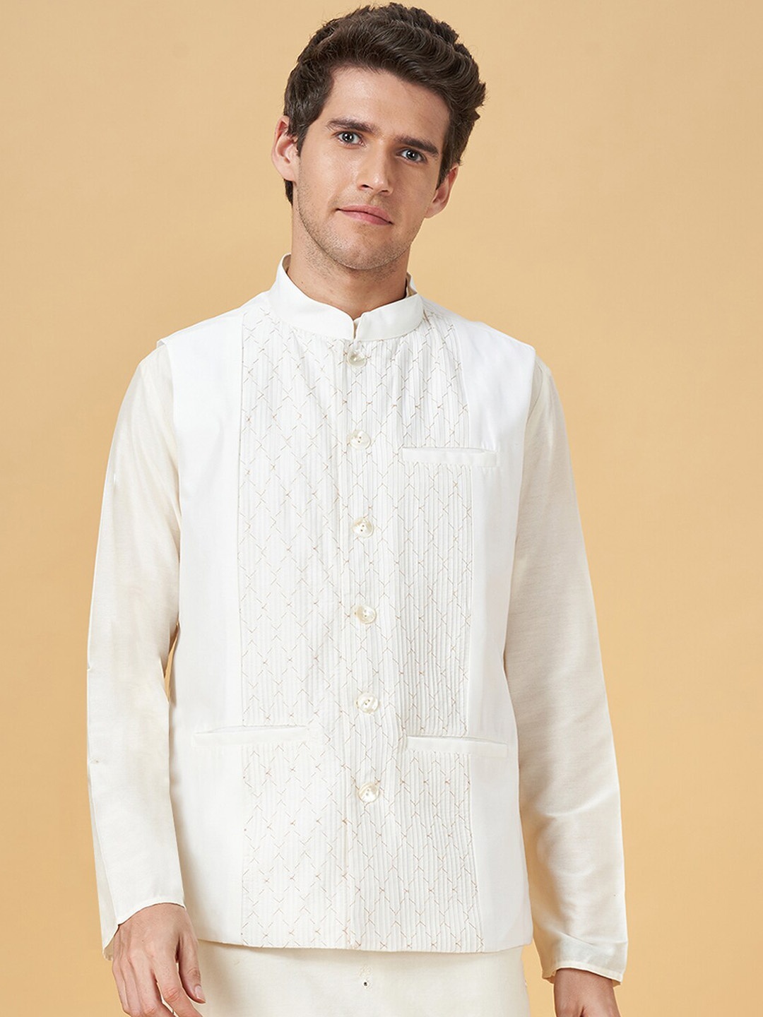 

indus route by Pantaloons Printed Mandarin Collar Nehru Jacket, Off white