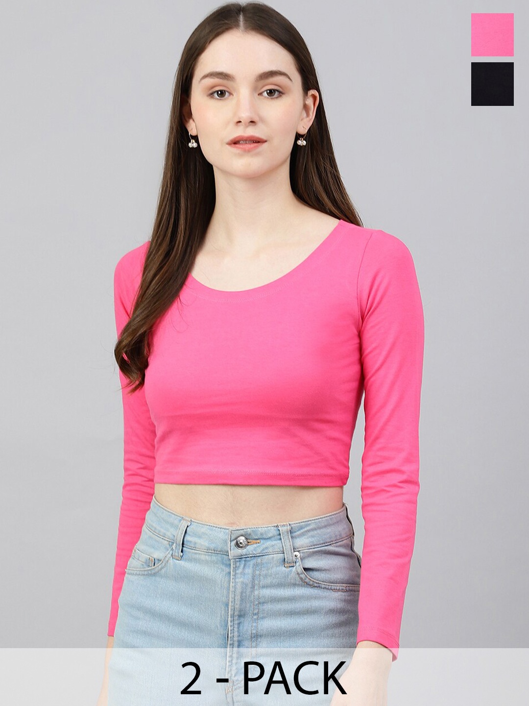 

COLOR CAPITAL Pack Of 2 Scoop Neck Cotton Crop Fitted Top, Pink
