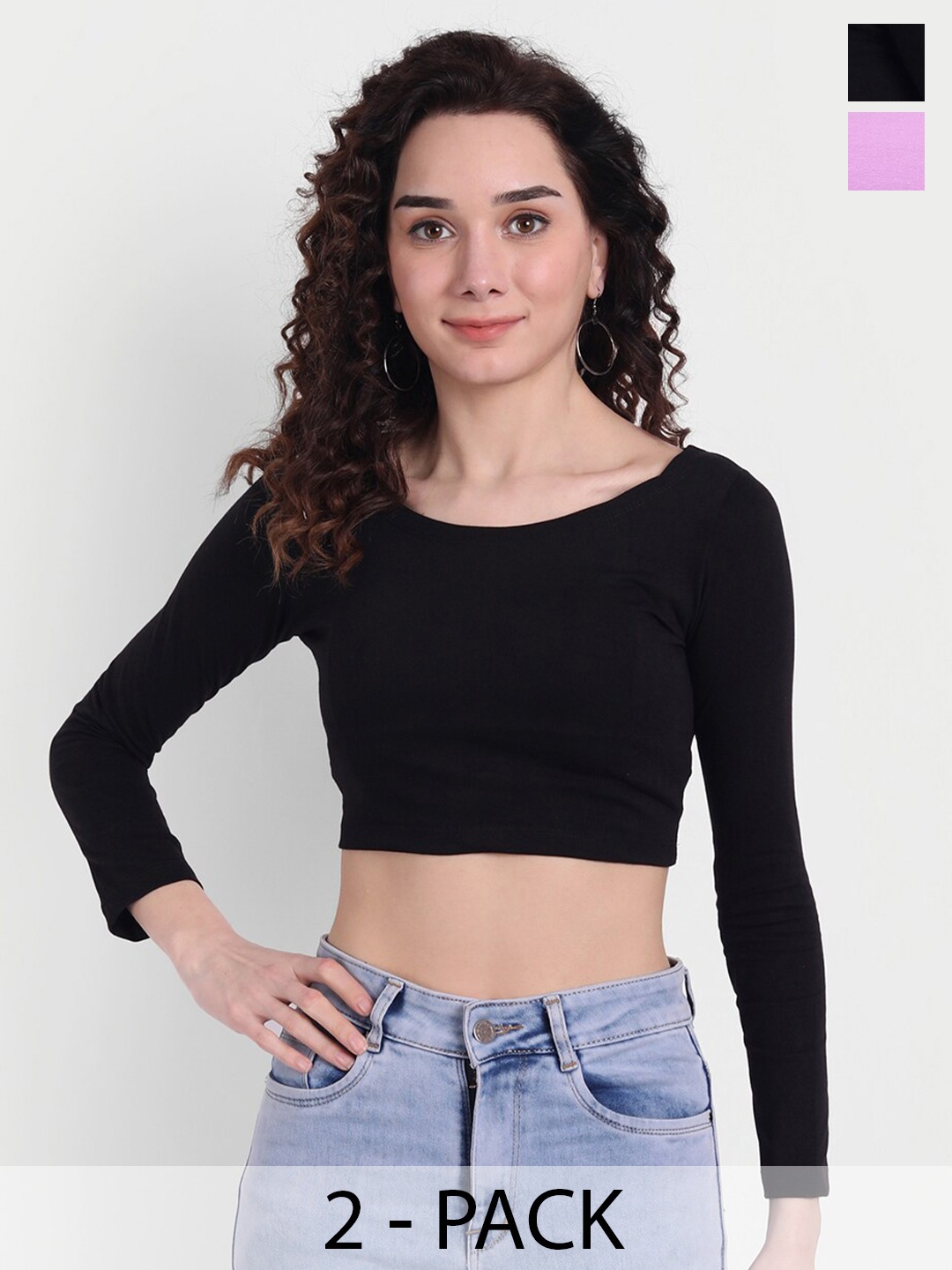 

COLOR CAPITAL Pack Of 2 Scoop Neck Cotton Crop Fitted Top, Black