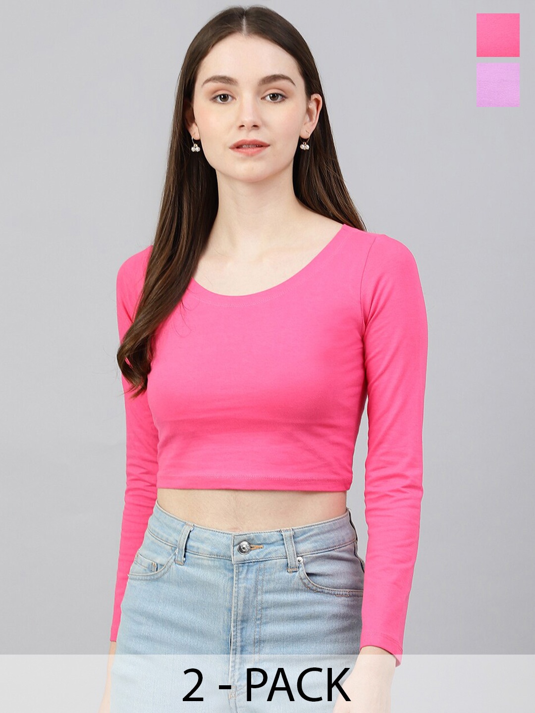 

COLOR CAPITAL Pack Of 2 Long Sleeves Cotton Fitted Crop Top, Pink