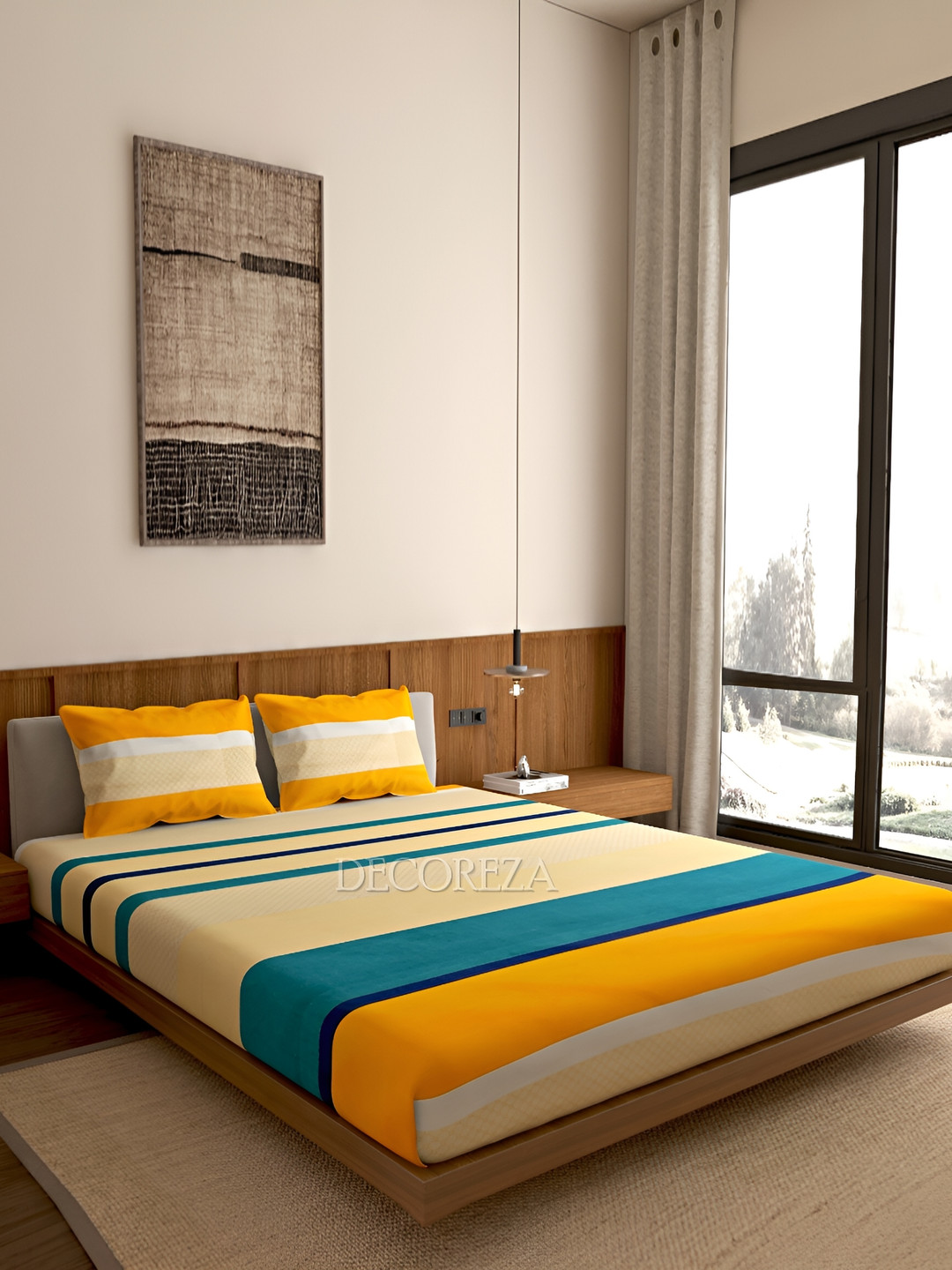 

DECOREZA Yellow Green Striped Cotton 300 TC Queen Fitted Bedsheet With 2 Pillow Covers