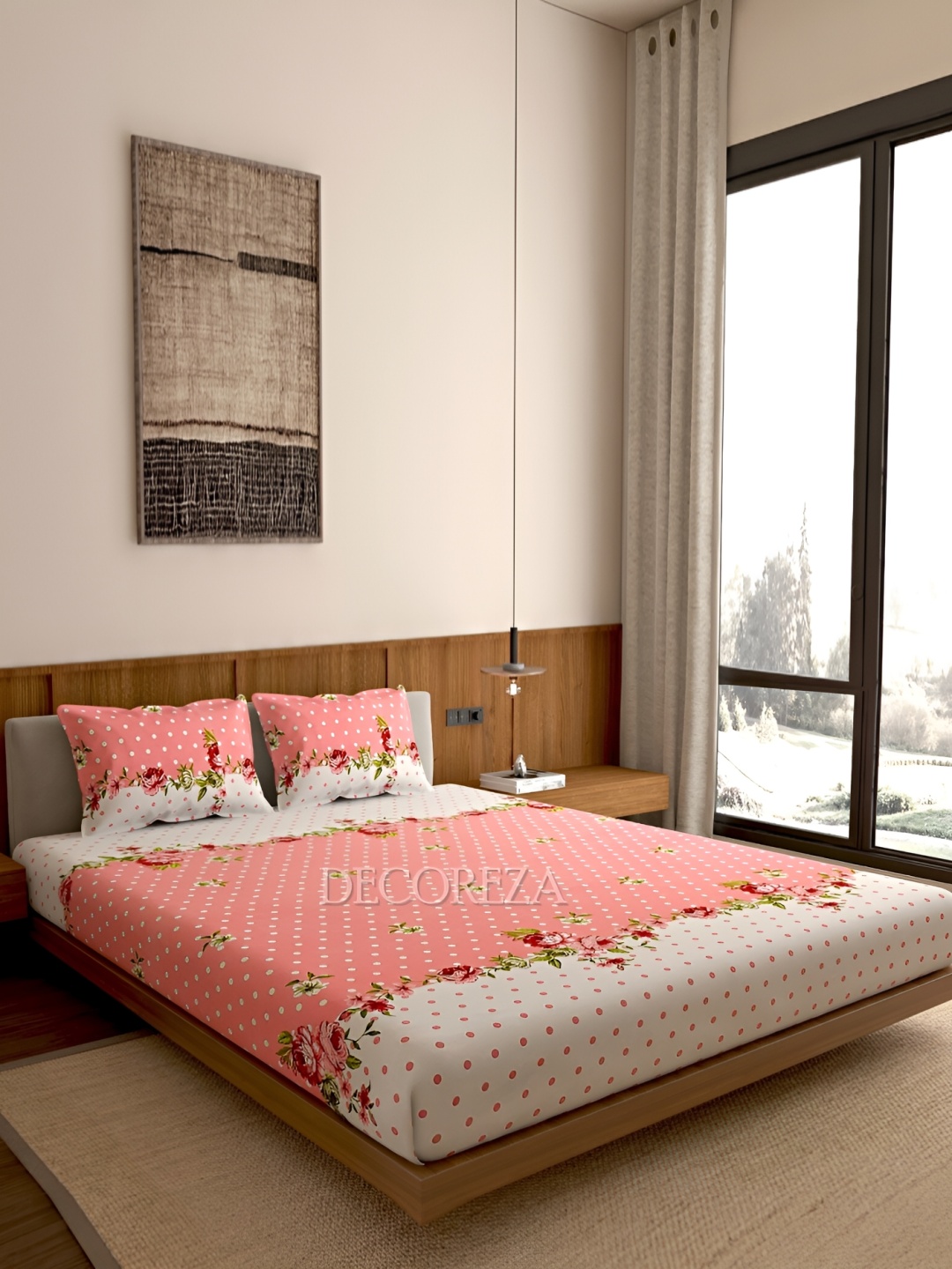 

DECOREZA Pink White Floral Cotton 300 TC Queen Fitted Bedsheet With 2 Pillow Covers
